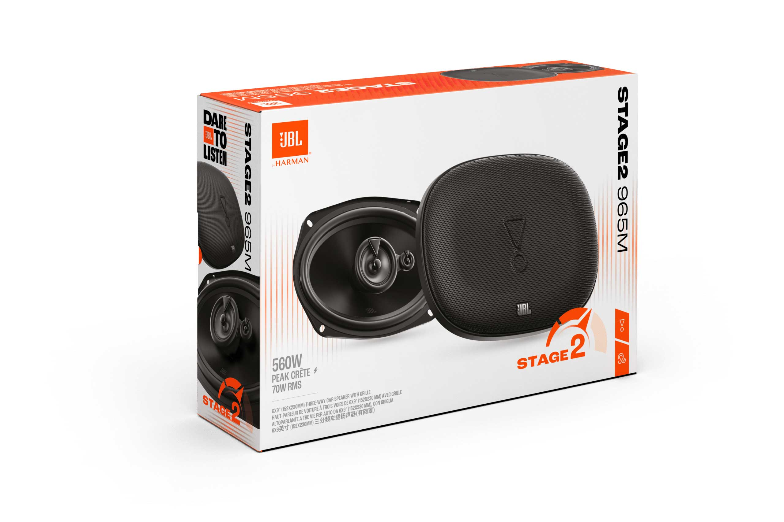 JBL Stage 2 Lautsprecher in einer Box auf weißem Hintergrund. Die Box ist orange und weiß.