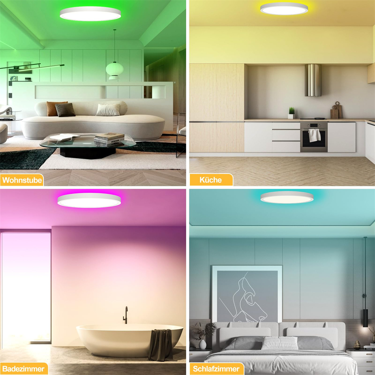 Vier Bilder, die Räume mit intelligenten Deckenleuchten zeigen. Lichter sind weiß, grün, gelb, lila und blau.