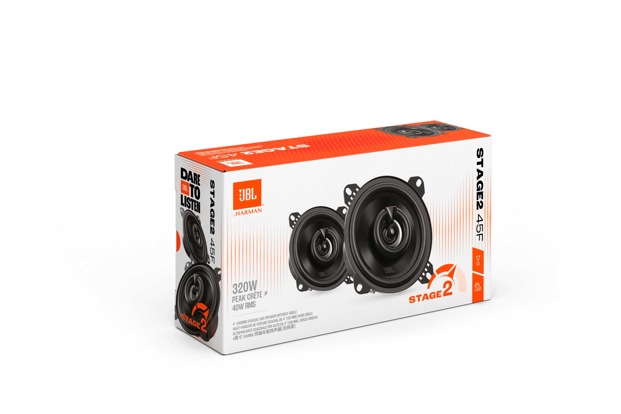 Boîte d'enceintes de voiture JBL Stage2 45F. Boîte blanche avec enceintes noires visibles.