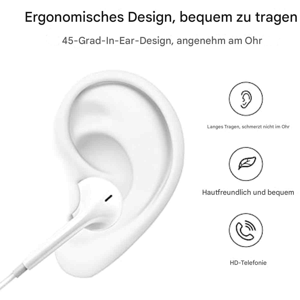 Weiße In-Ear-Kopfhörer mit Ohr-Illustration. Text erwähnt Komfort und HD-Telefonie.