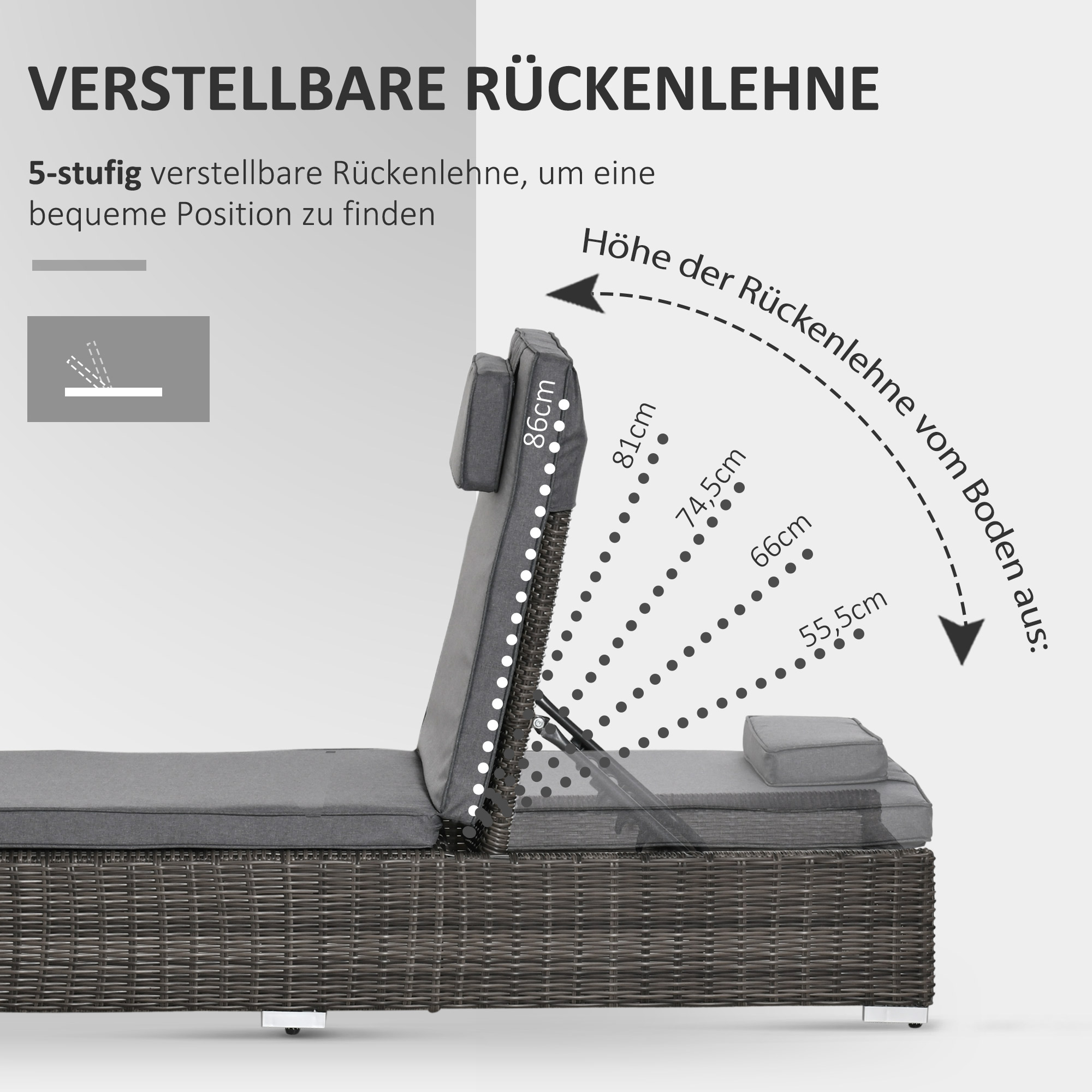Verstellbare Outdoor-Liege mit grauem Kissen und grauem Korbgewebe-Rahmen.