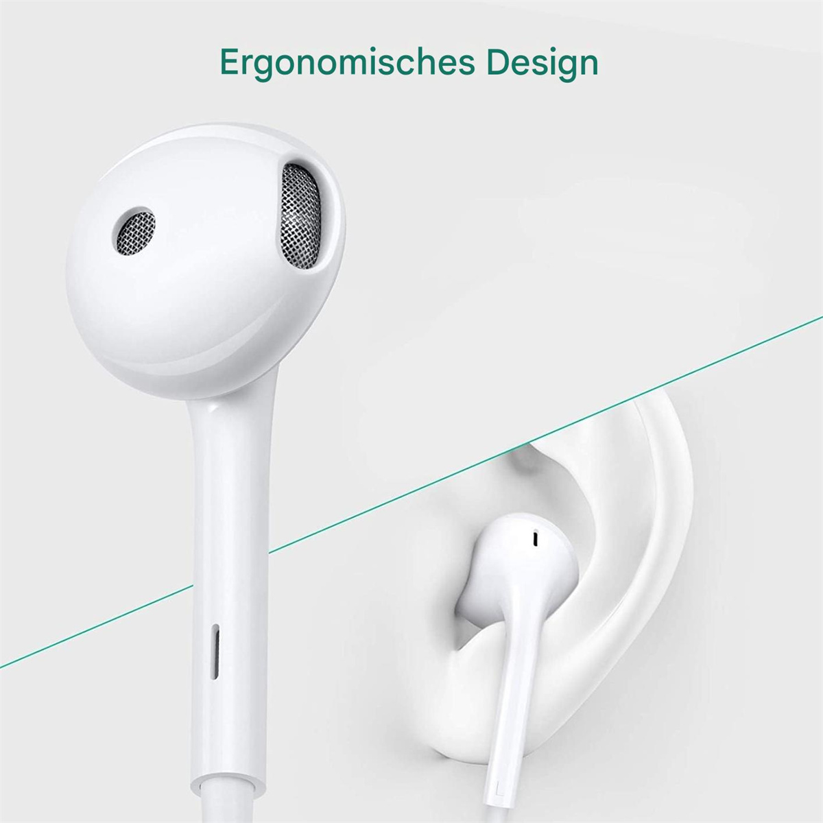 Weiße Kopfhörer mit Mikrofon und ein weißes Ohrmodell.