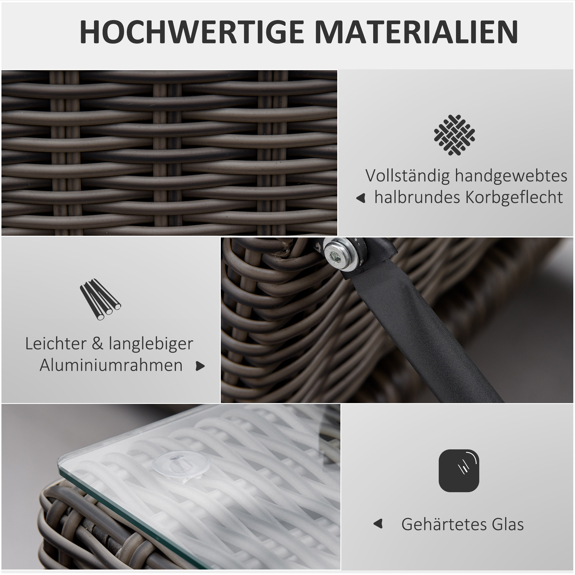 Nahaufnahme von gewebtem Material. Highlights: handgewebtes Korbgewebe, Aluminiumrahmen, gehärtetes Glas.