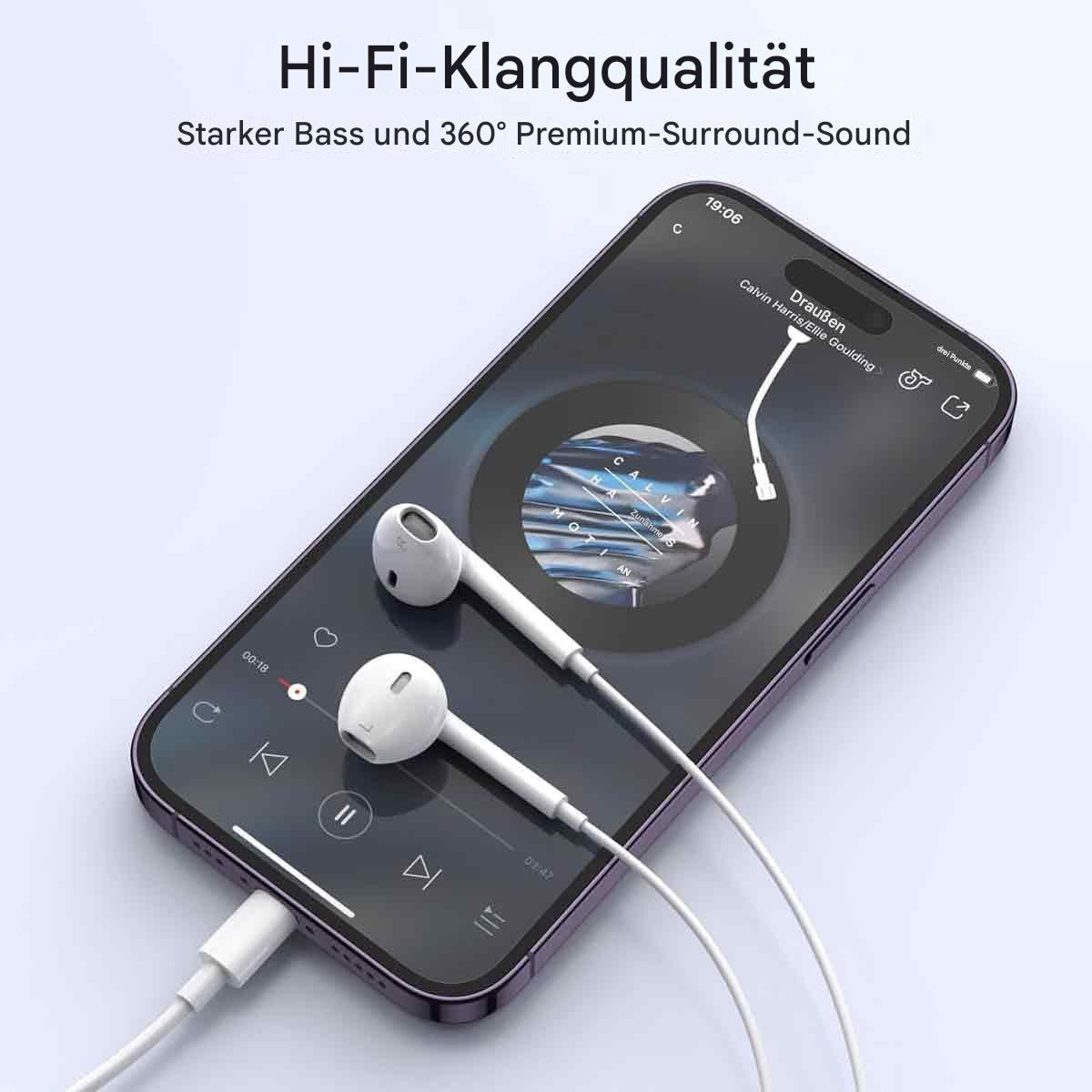 Ein Smartphone mit weißen Ohrhörern, das Musik abspielt mit 'Calvin Harris' im Display.