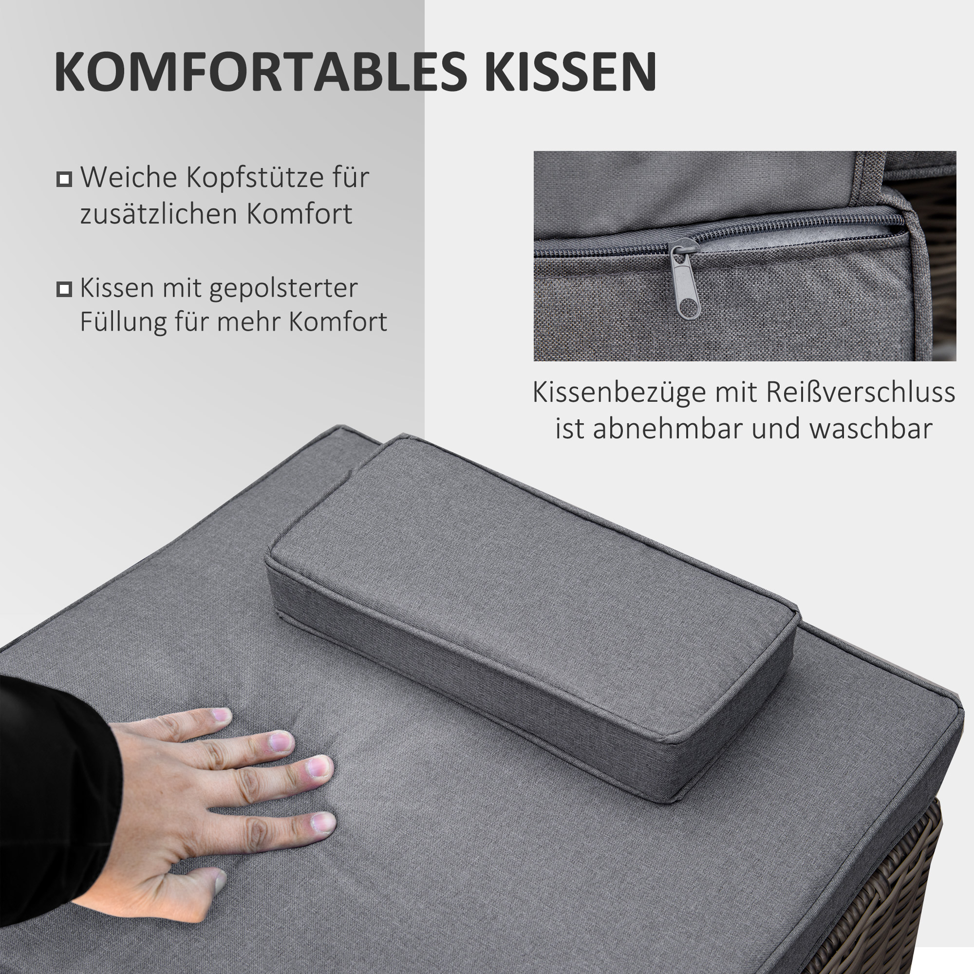 Kissen mit Reißverschlussbezug, auf einem größeren Kissen mit Hand.