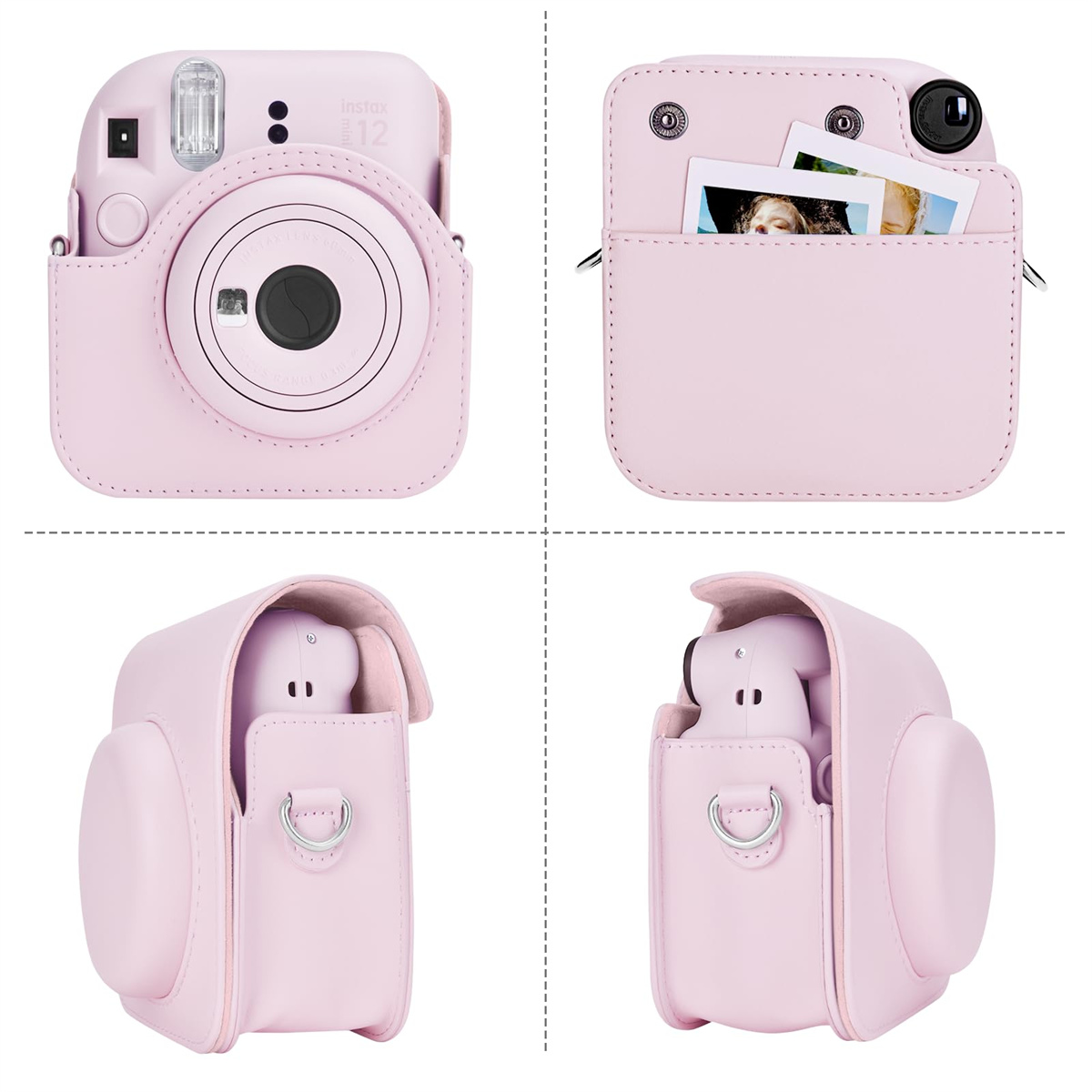 Pinke Instax-Kamera in einem pinken Gehäuse. Vier Ansichten. Enthält Objektiv, Blitz und verschiedene Gehäusekonfigurationen.