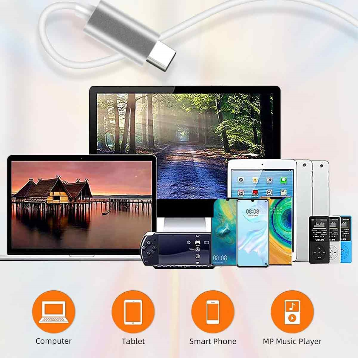 Mehrere Geräte: Laptop, Tablet, Smartphones und MP3-Player mit Symbolen darunter.