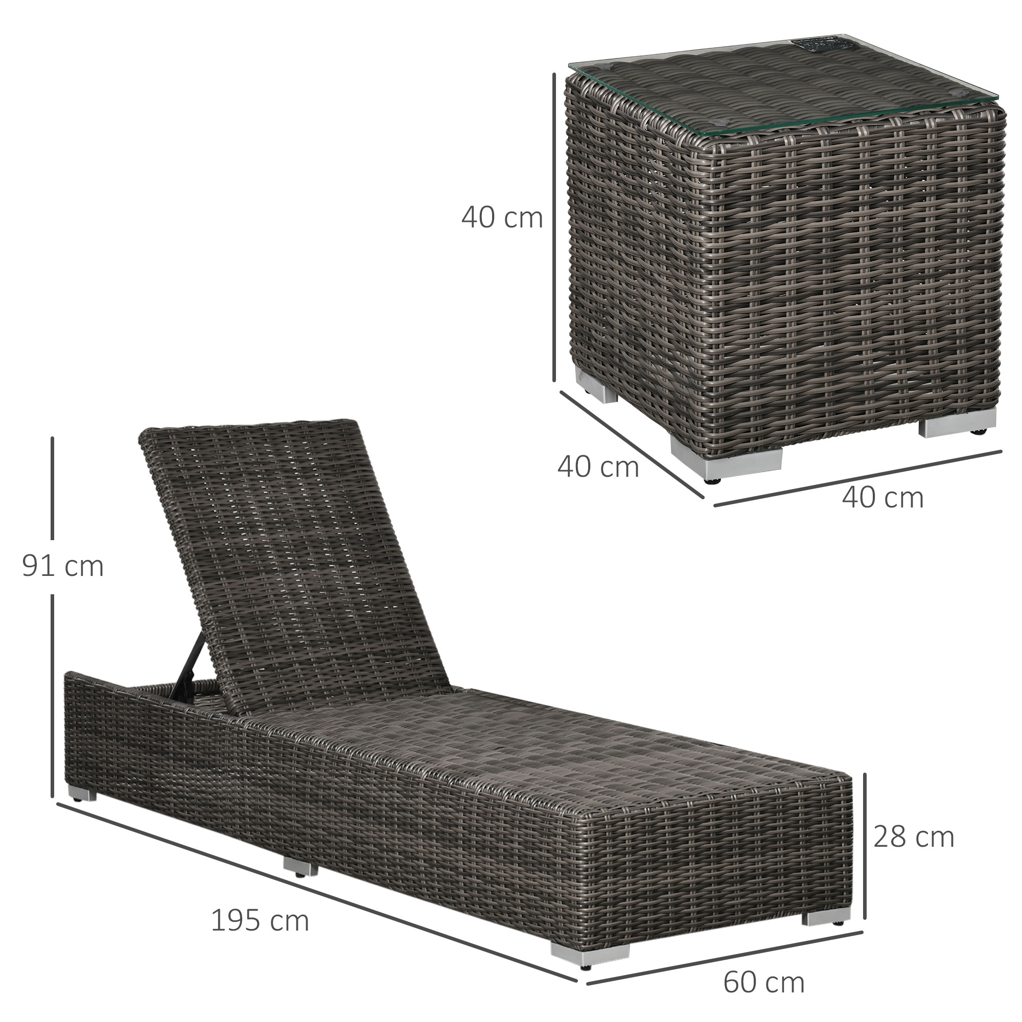 Outdoor-Rattan-Stuhl- und -Tisch-Set. Stuhl: 195 cm lang, 60 cm breit, 91 cm hoch. Tisch: 40x40x40cm.
