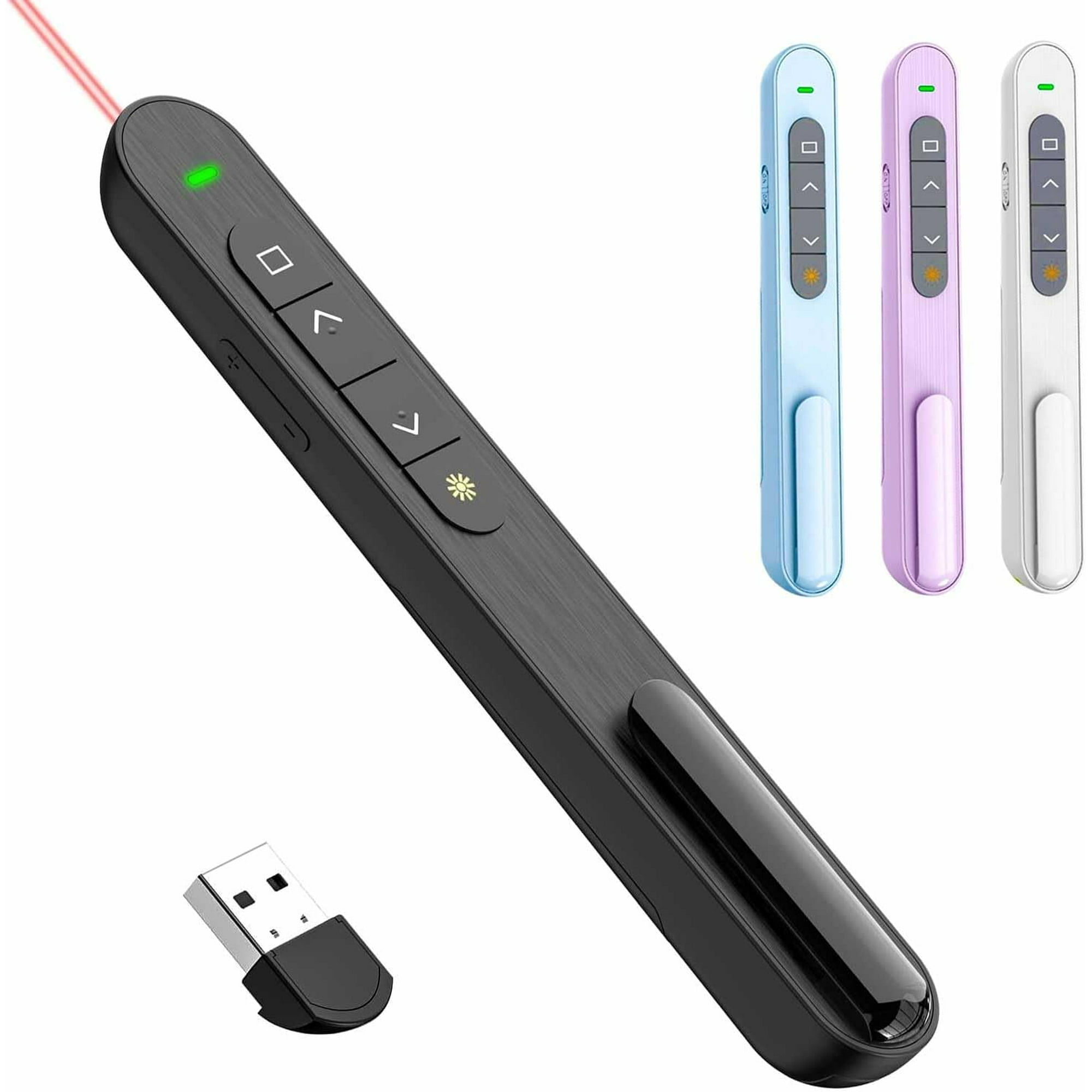 Schwarze Präsentationsfernbedienung mit Tasten und USB-Empfänger. Drei farbige Fernbedienungen im Hintergrund.