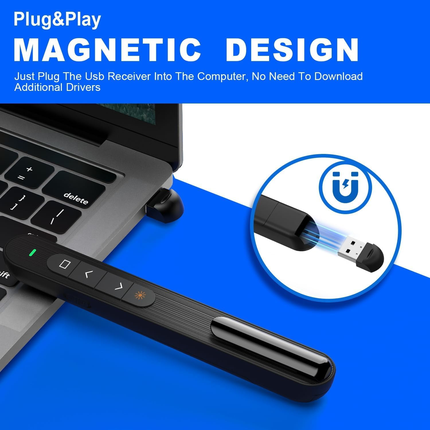Eine schwarze Präsentationsfernbedienung mit einem USB-Empfänger neben einem Laptop.