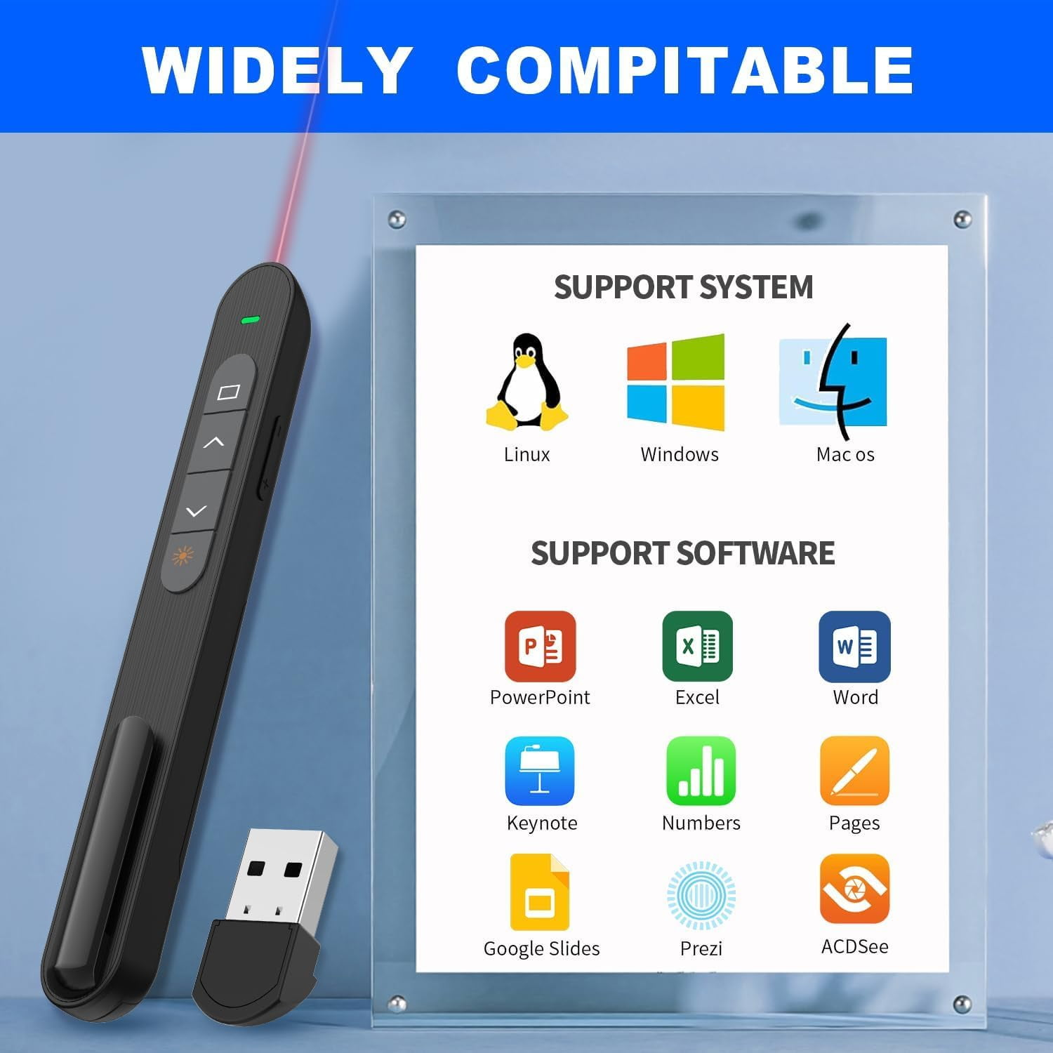 Eine Präsentationsfernbedienung mit Laserpointer, USB-Empfänger und einem Bildschirm mit Software-Symbolen.