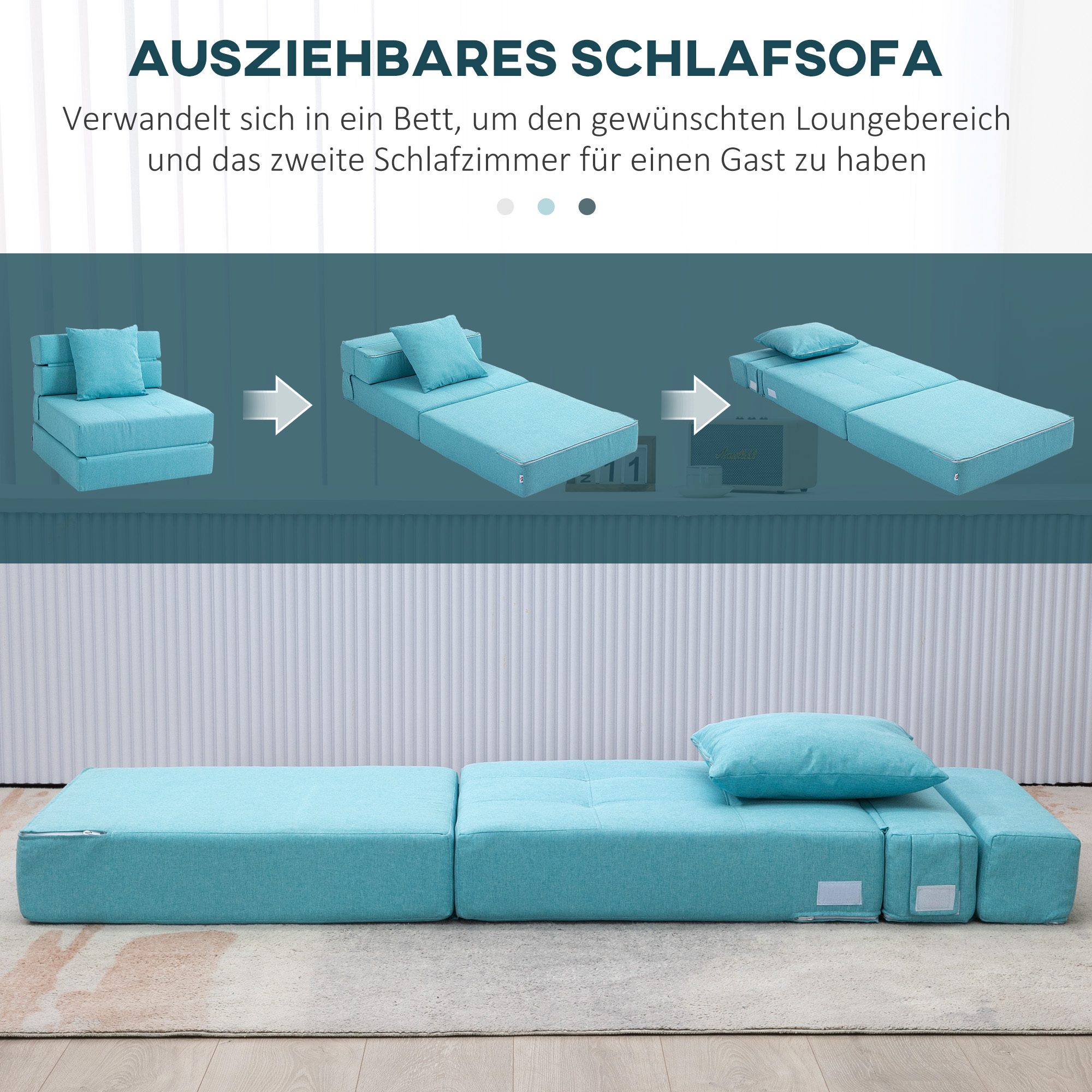 Wandelsofa in drei Phasen. Verwandelt sich von einem Sofa in ein Bett.