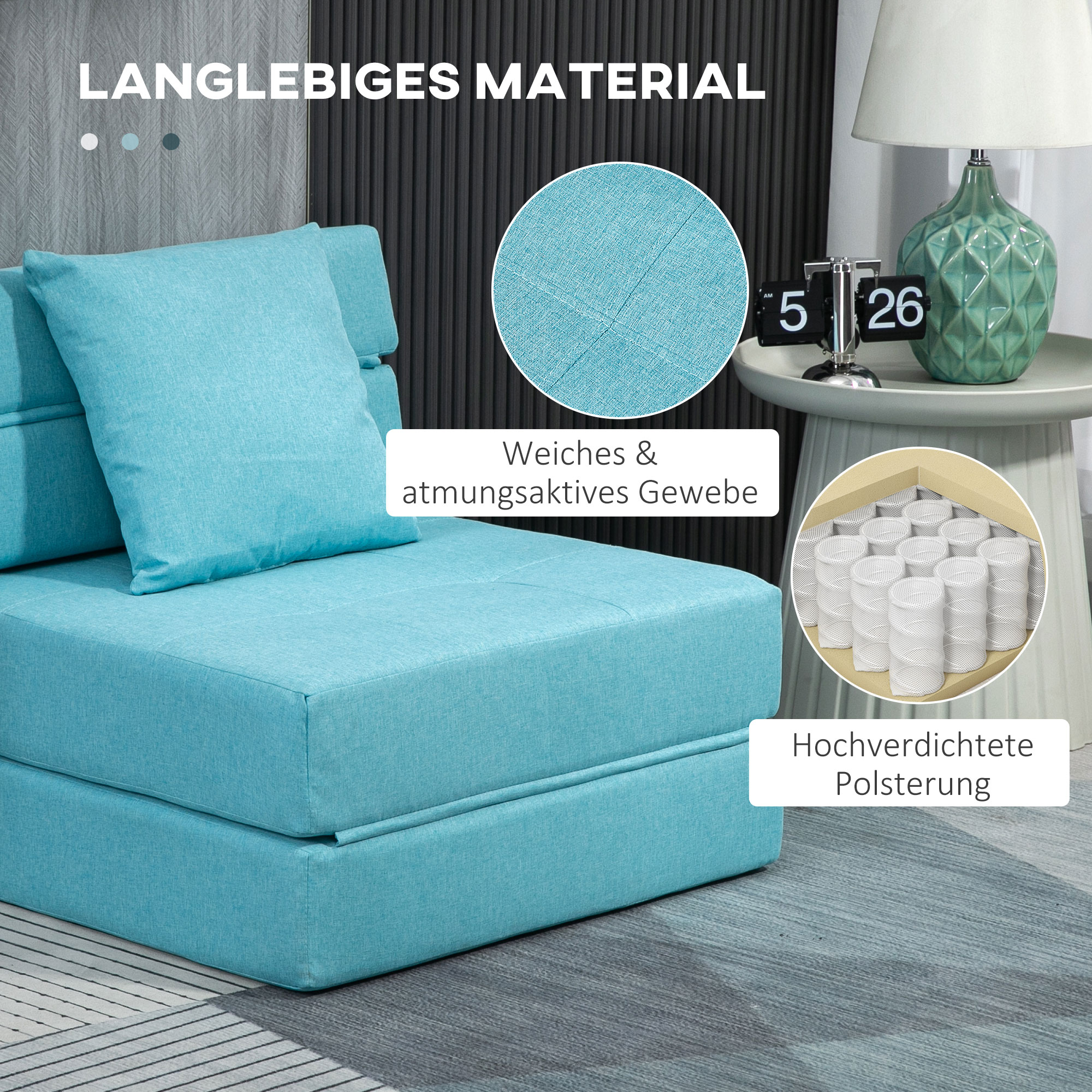 Ein blaues Sofa mit einem Kissen. Inset-Bilder zeigen Stoffstruktur und hochdichte Polsterung.