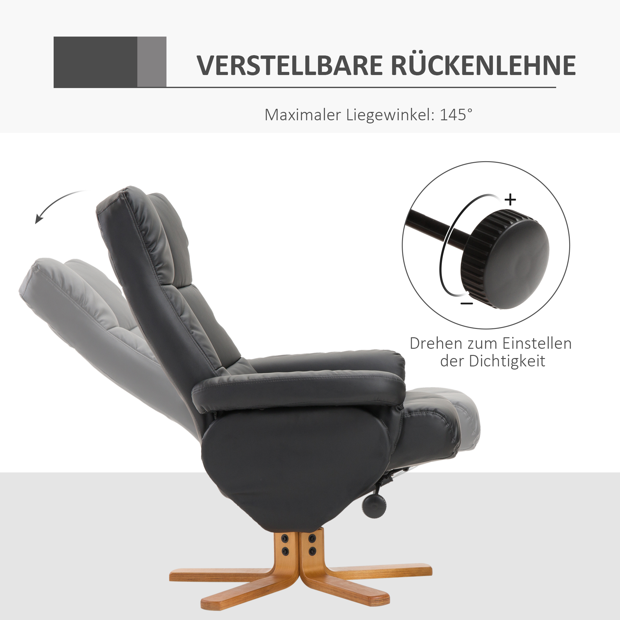Schwarzer Relaxsessel mit Holzfuß, verstellbarer Rückenlehne.