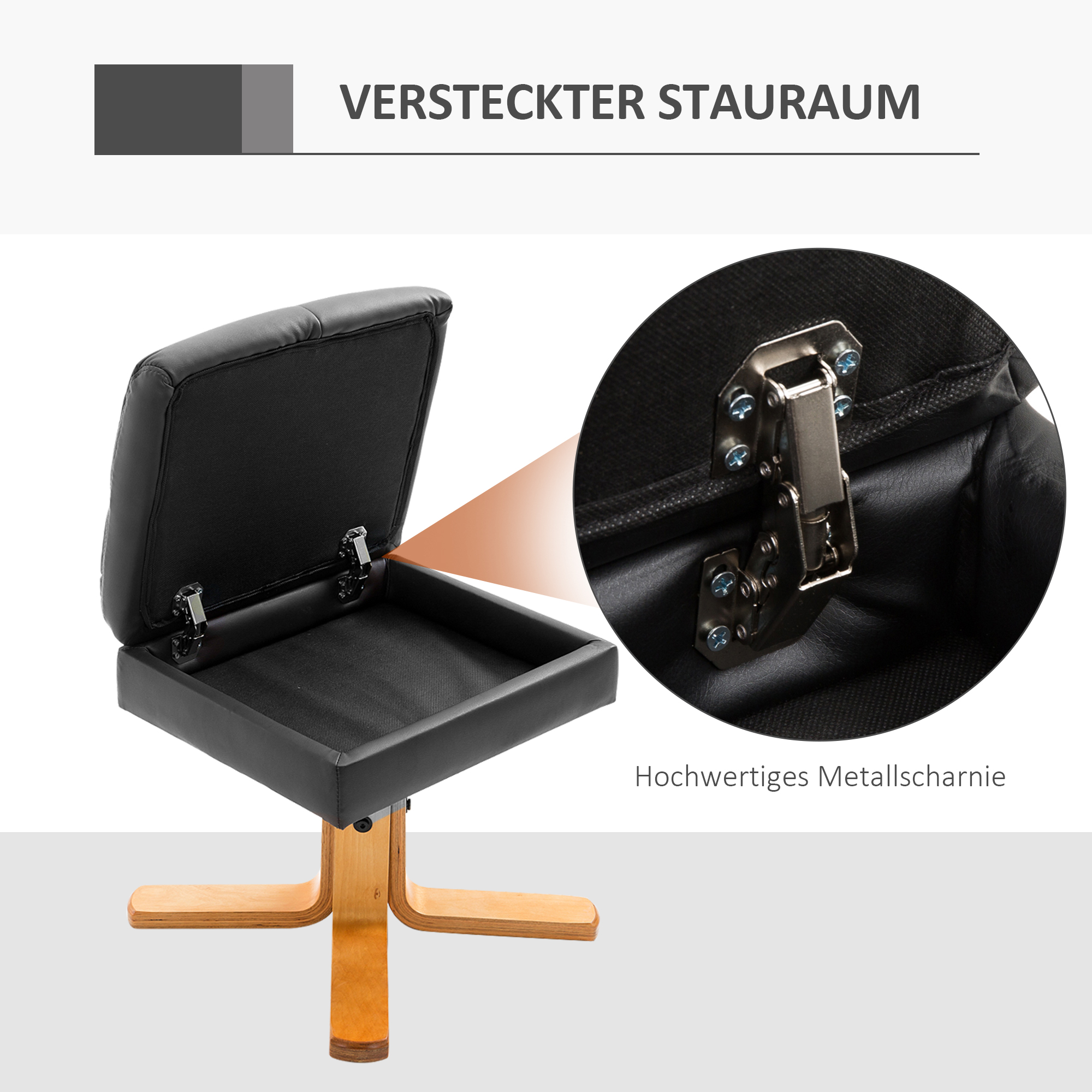 Schwarzer Hocker mit Holzfuß, offene Oberseite, die Stauraum zeigt.