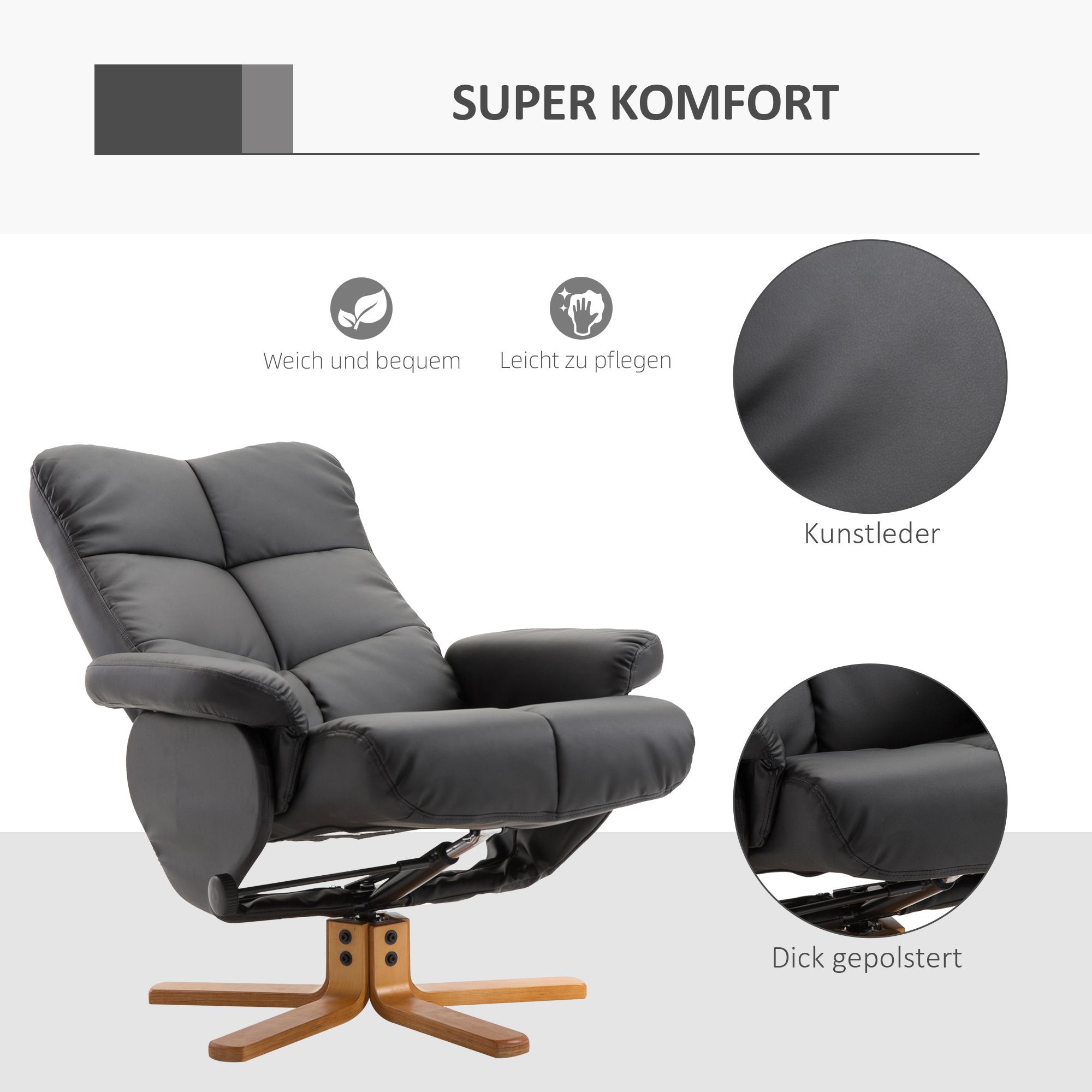 Schwarzer Relaxsessel mit Holzfuß. Text: 'SUPER KOMFORT', 'Weich und bequem' und 'Dick gepolstert'.