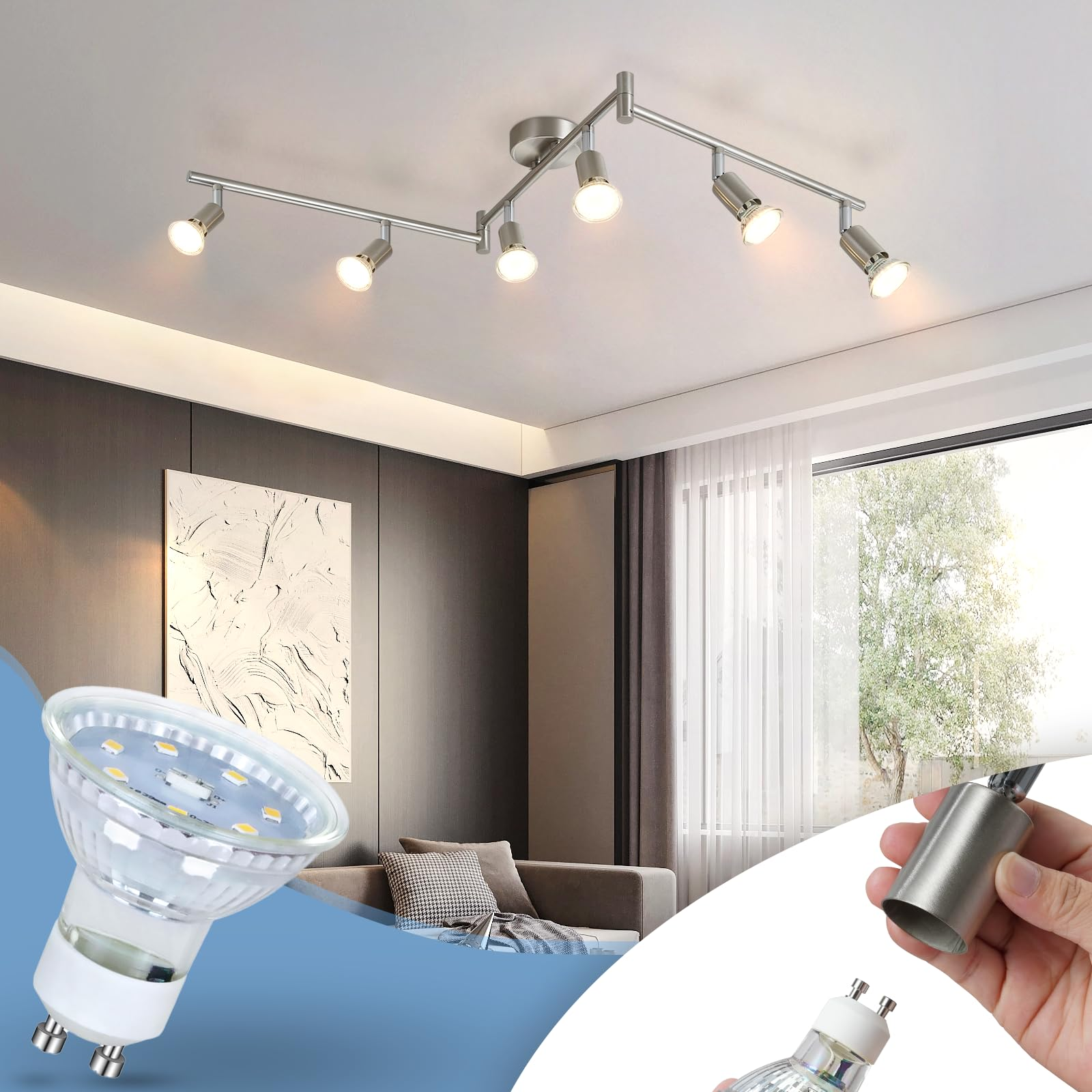 Moderne Schienenbeleuchtung mit mehreren Lichtern und Nahaufnahme einer Glühbirne.