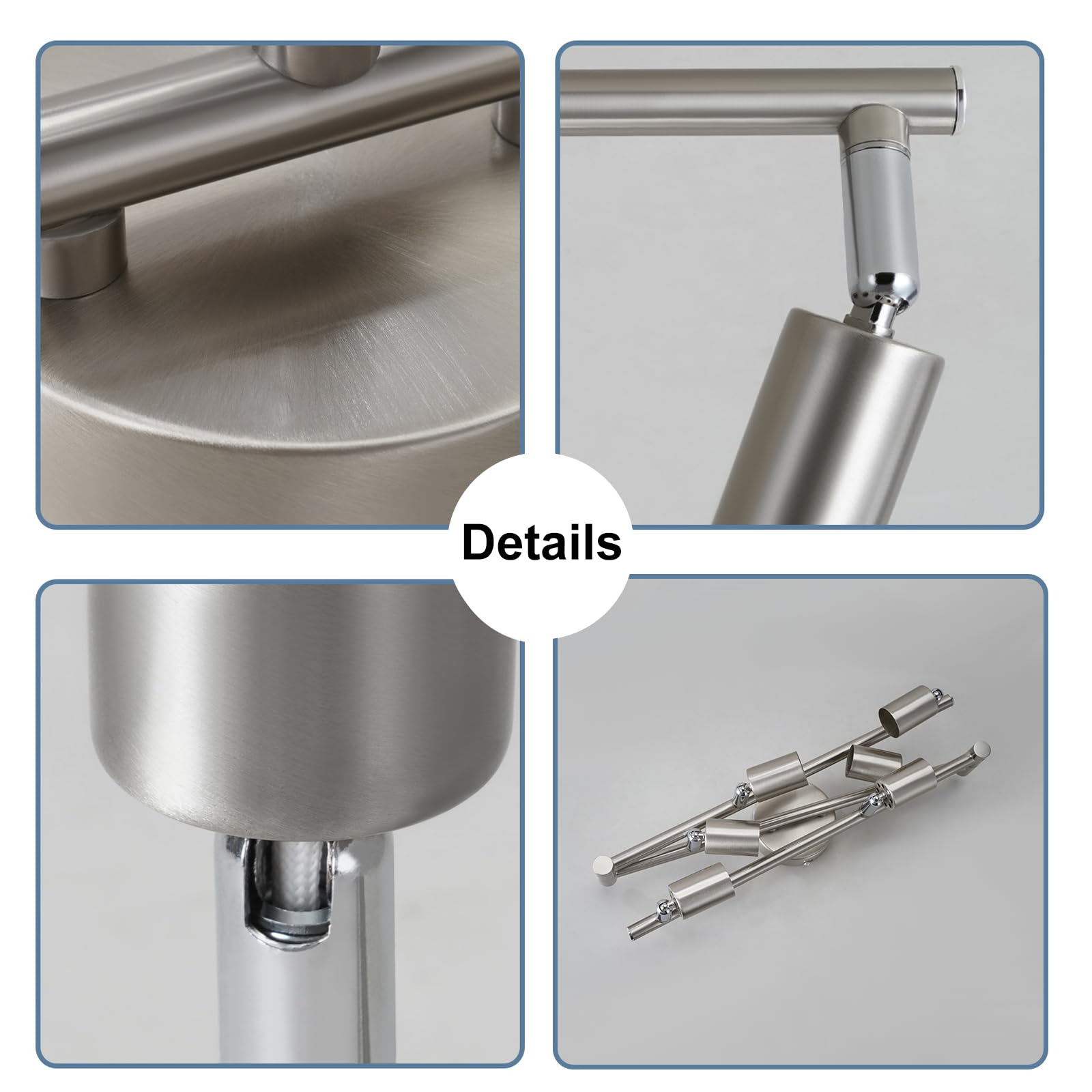 Nahaufnahmedetails einer Metallleuchte, mit vier verschiedenen Ansichten.