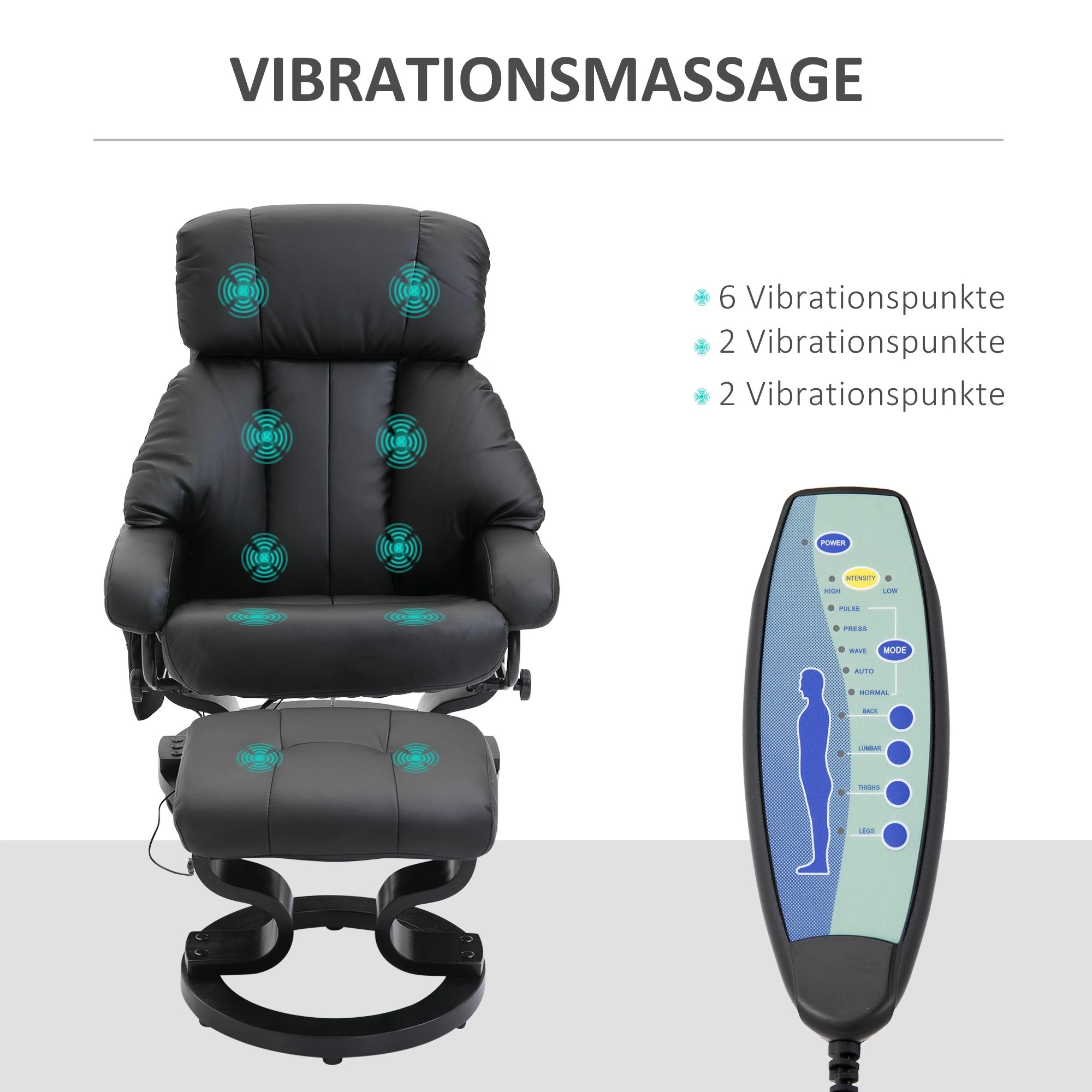 Schwarzer Relaxsessel und Fußstütze mit Bedienfeld. Das Panel zeigt Massageoptionen.