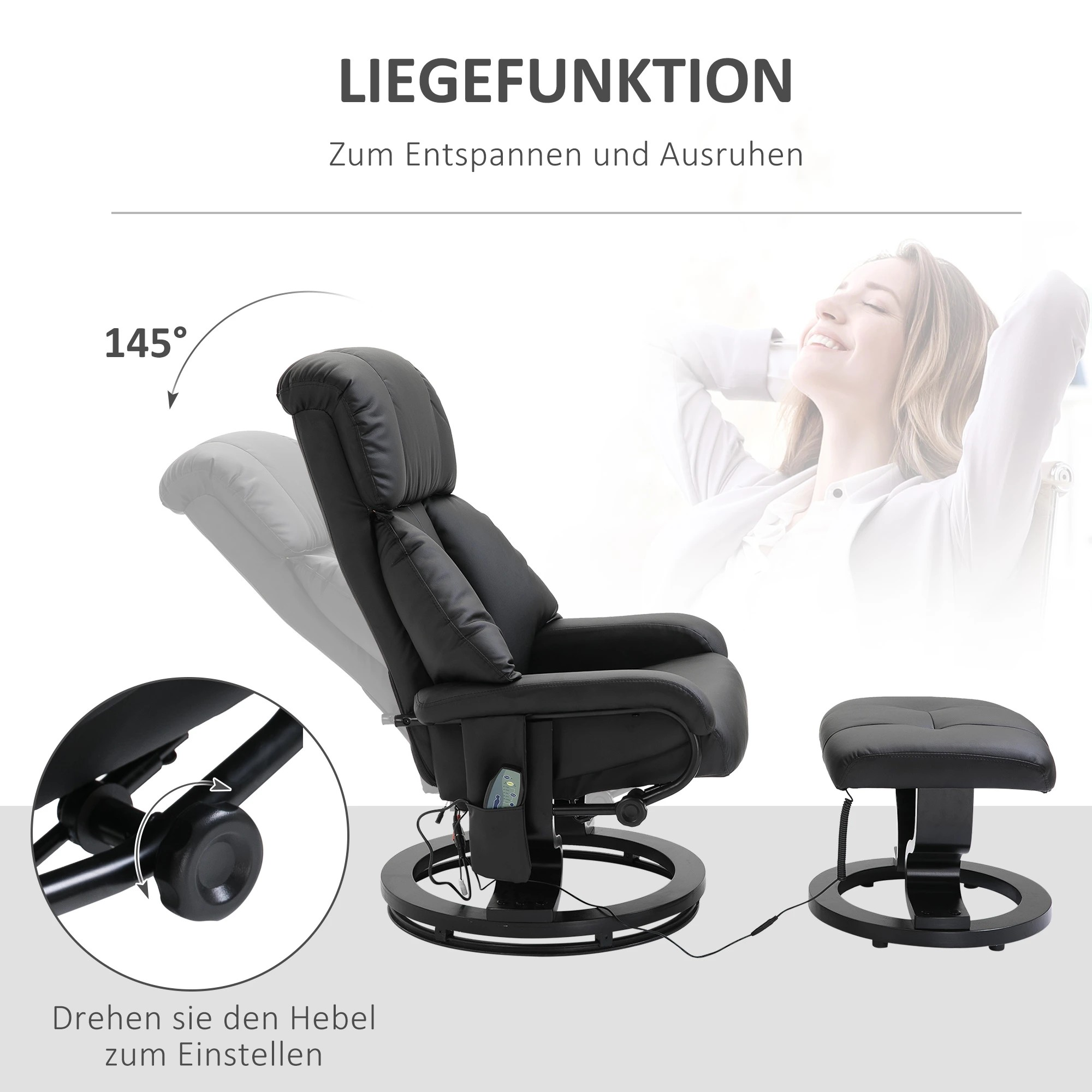 Liegen schwarzer Lederstuhl. Weißer Hintergrund.