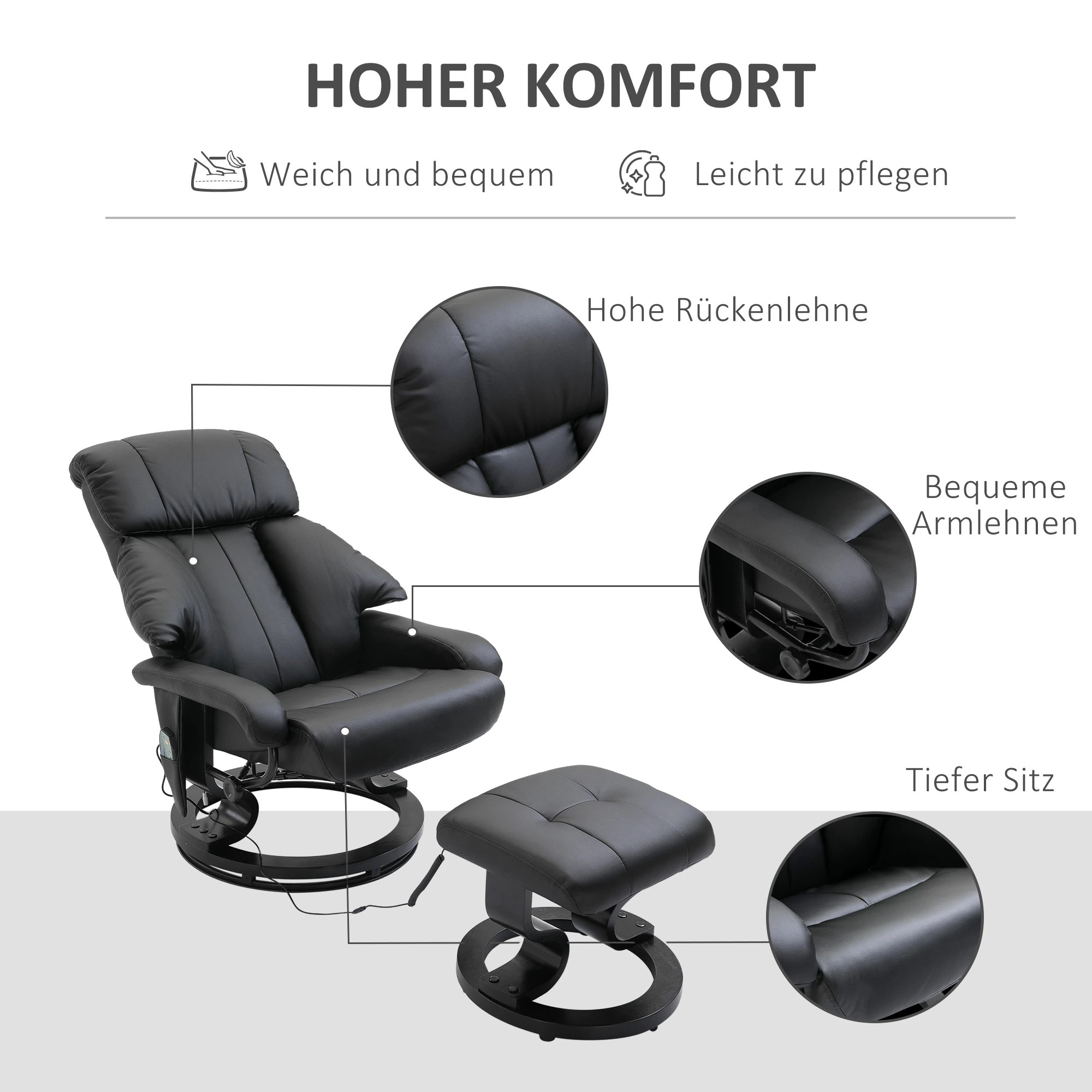 Schwarzer Relaxsessel mit Fußstütze. Details umfassen hohe Rückenlehne, Armlehnen und einen bequemen Sitz.