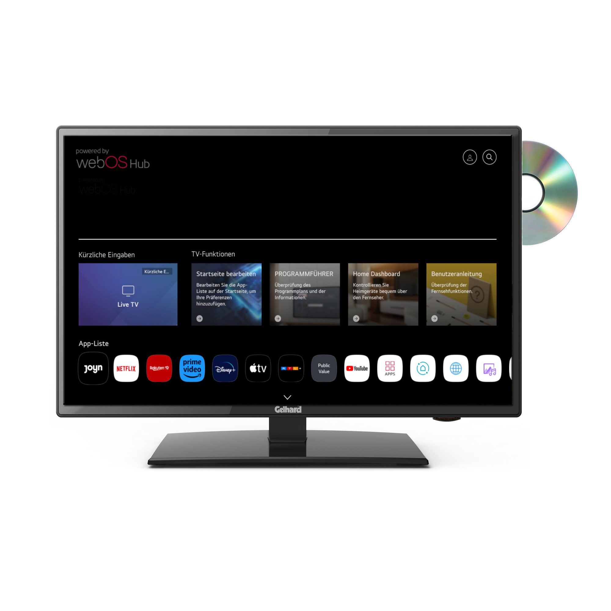 Ein Flachbildfernseher zeigt ein Menü an. Apps und eine CD werden angezeigt. Angetrieben von WebOS Hub.