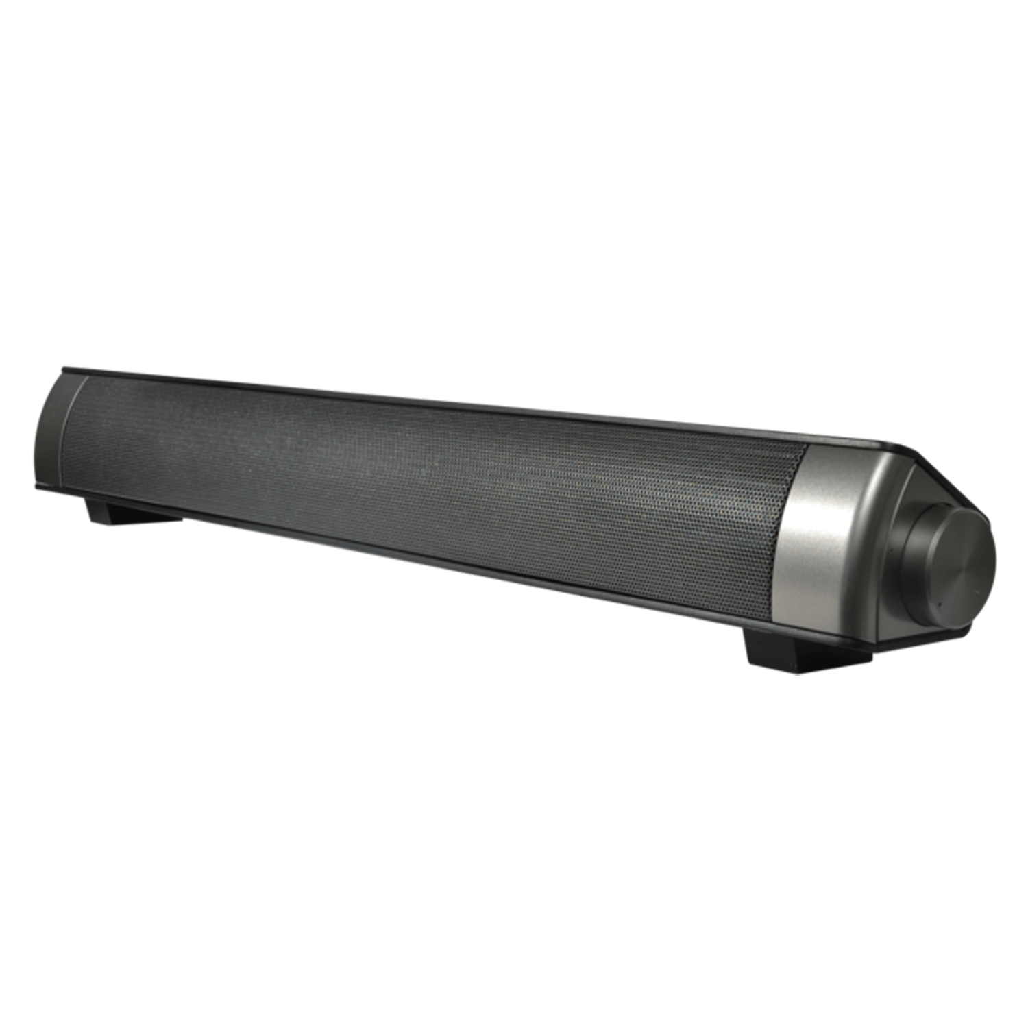 Eine schwarze Soundbar mit silbernem Ende und einem Drehknopf. Sie befindet sich auf weißem Hintergrund.