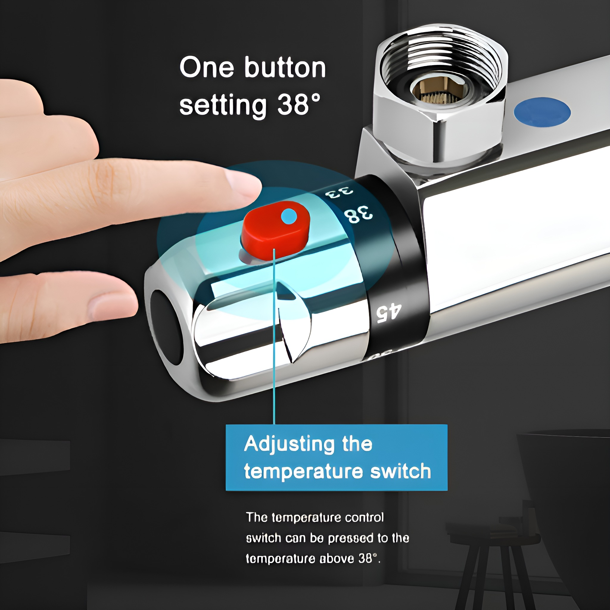 Hand drückt roten Knopf auf einem Temperaturregler, Text: One button setting 38°.