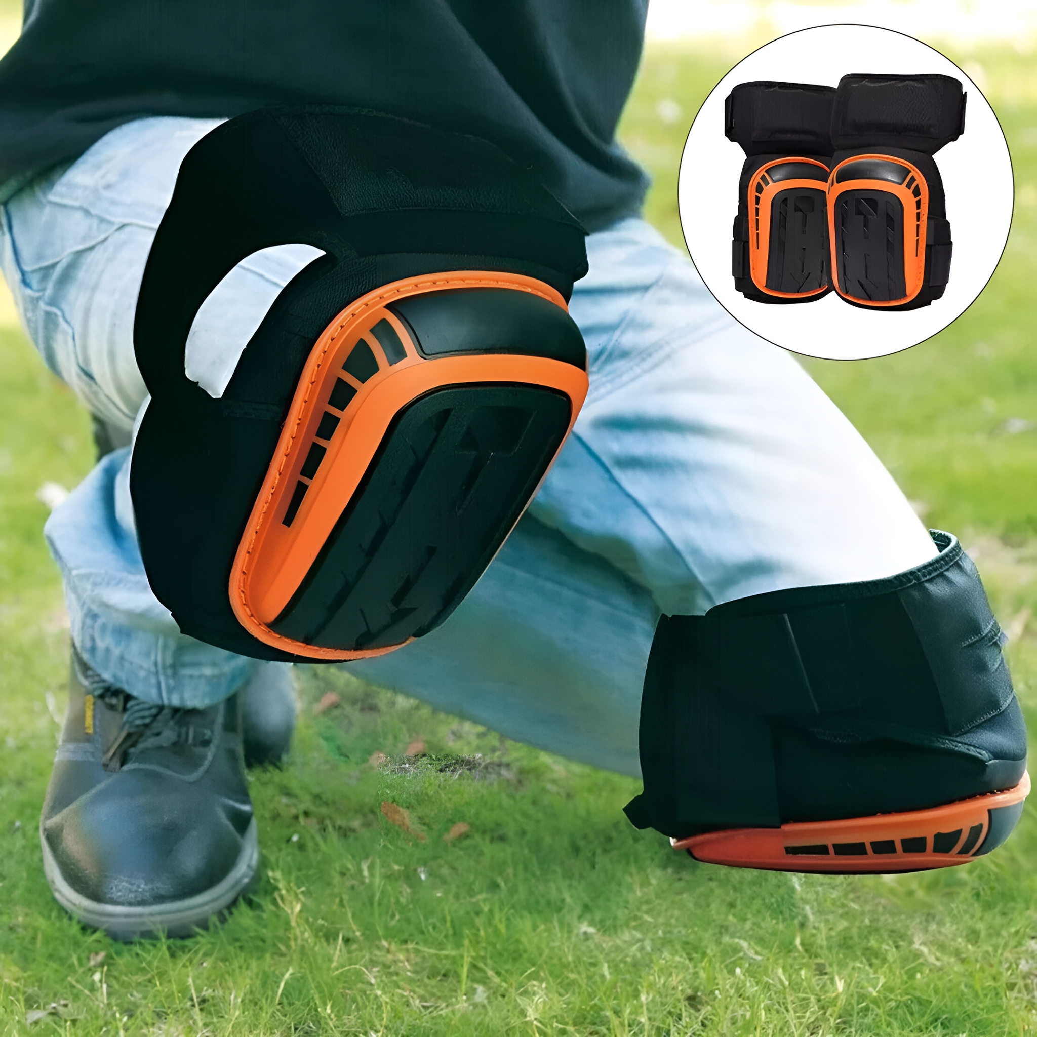 Person trägt orangefarbene und schwarze Knieschützer. Grünes Gras.