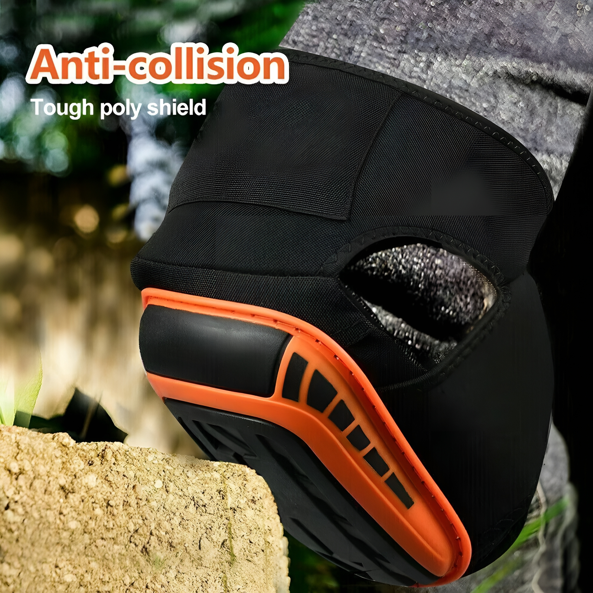 Schwarz-orange Schutzmaske auf einem Stein, mit Text 'Anti-Kollision, Tough Poly Shield'.