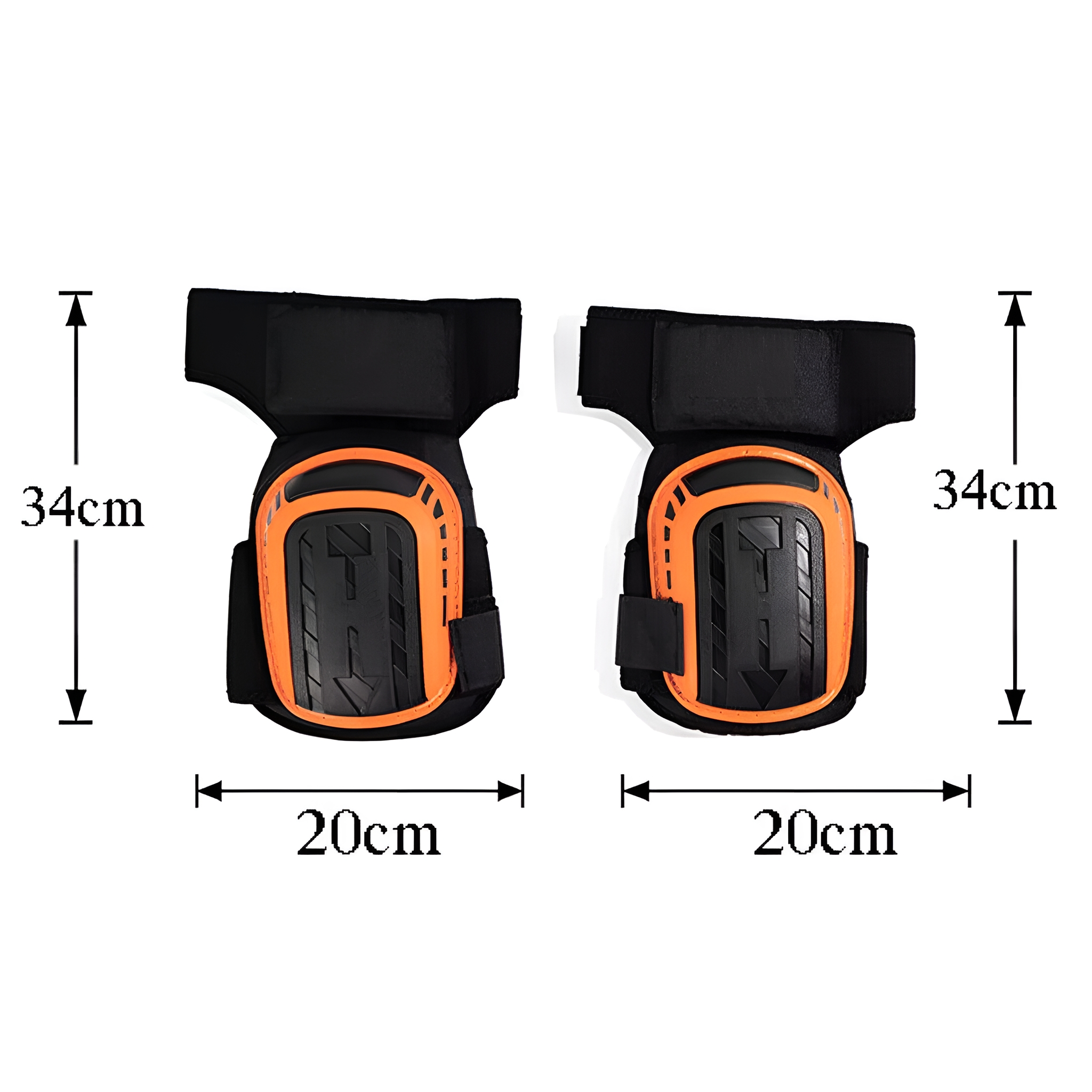 Paar schwarze und orangefarbene Knieschützer. Abmessungen sind 34 cm hoch und 20 cm breit.