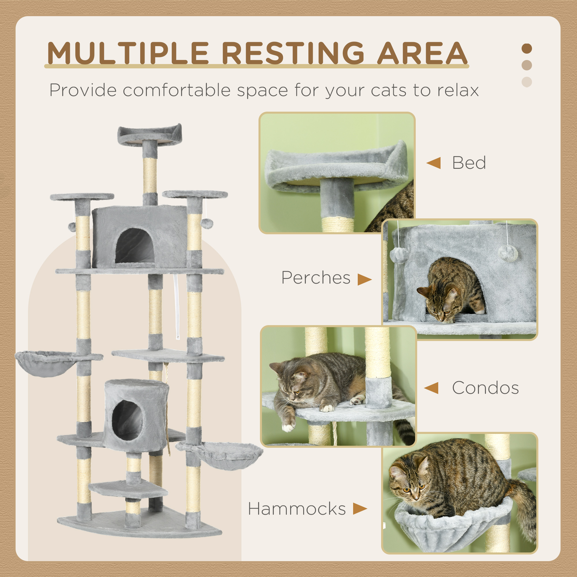 Ein Katzenbaum mit mehreren Ruhebereichen, darunter ein Bett, Sitzstangen, Wohnungen und Hängematten, von Katzen bewohnt.