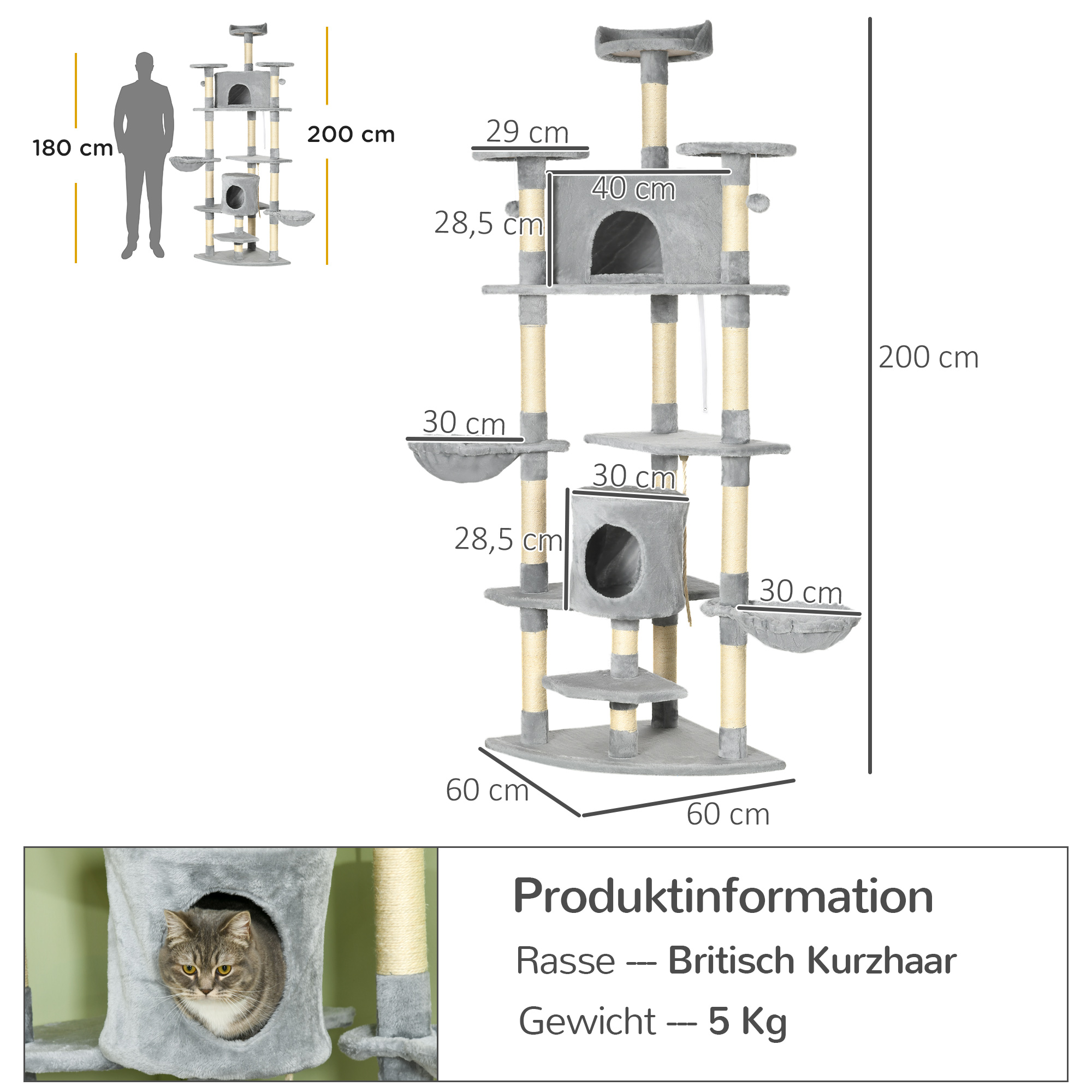 Ein hoher Kratzbaum mit Abmessungen, mit einer Katze in einer Höhle. Text vorhanden.