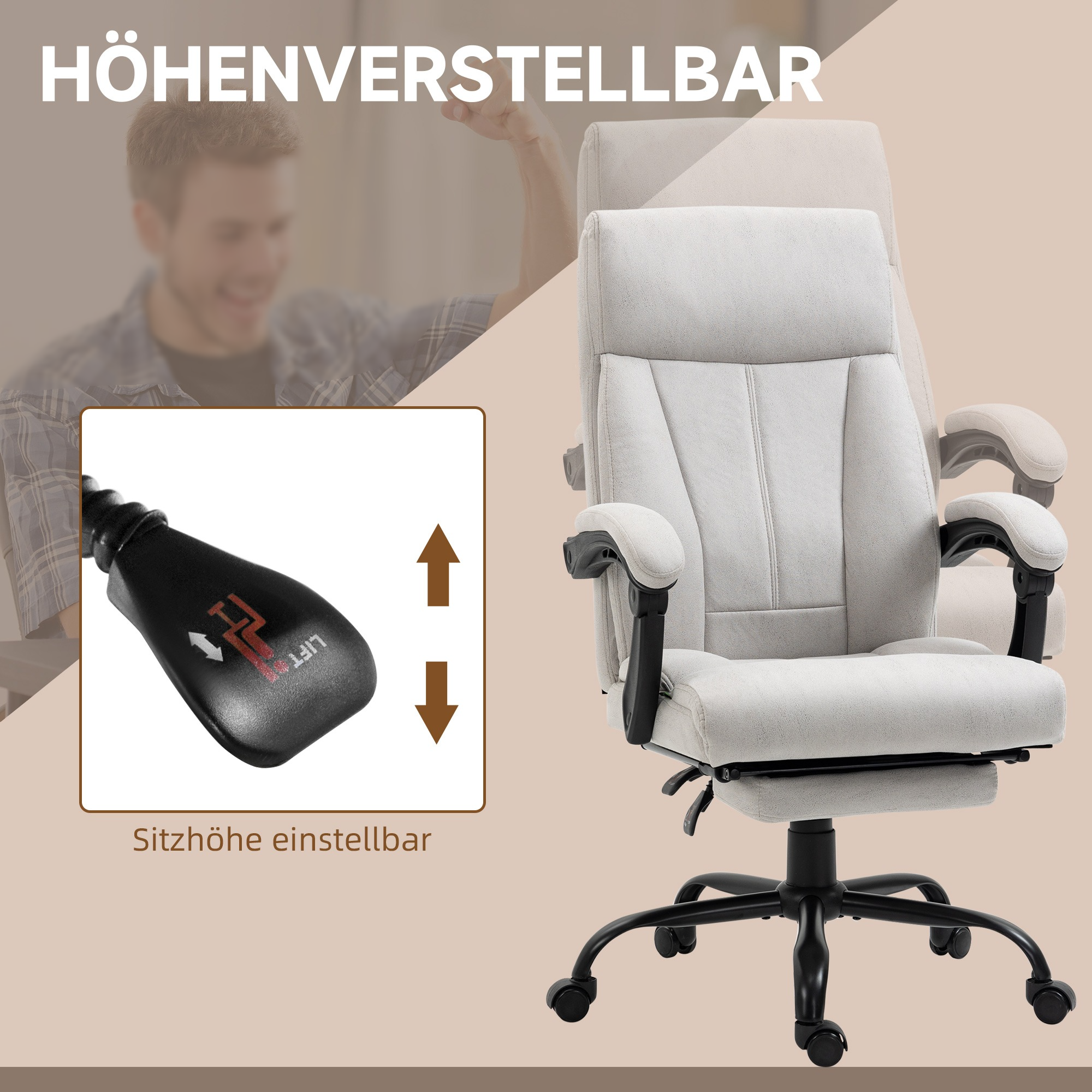 Bürostuhl mit höhenverstellbarer, hellgrauer Sitzfläche, schwarzem Fuß, und Person im Hintergrund.