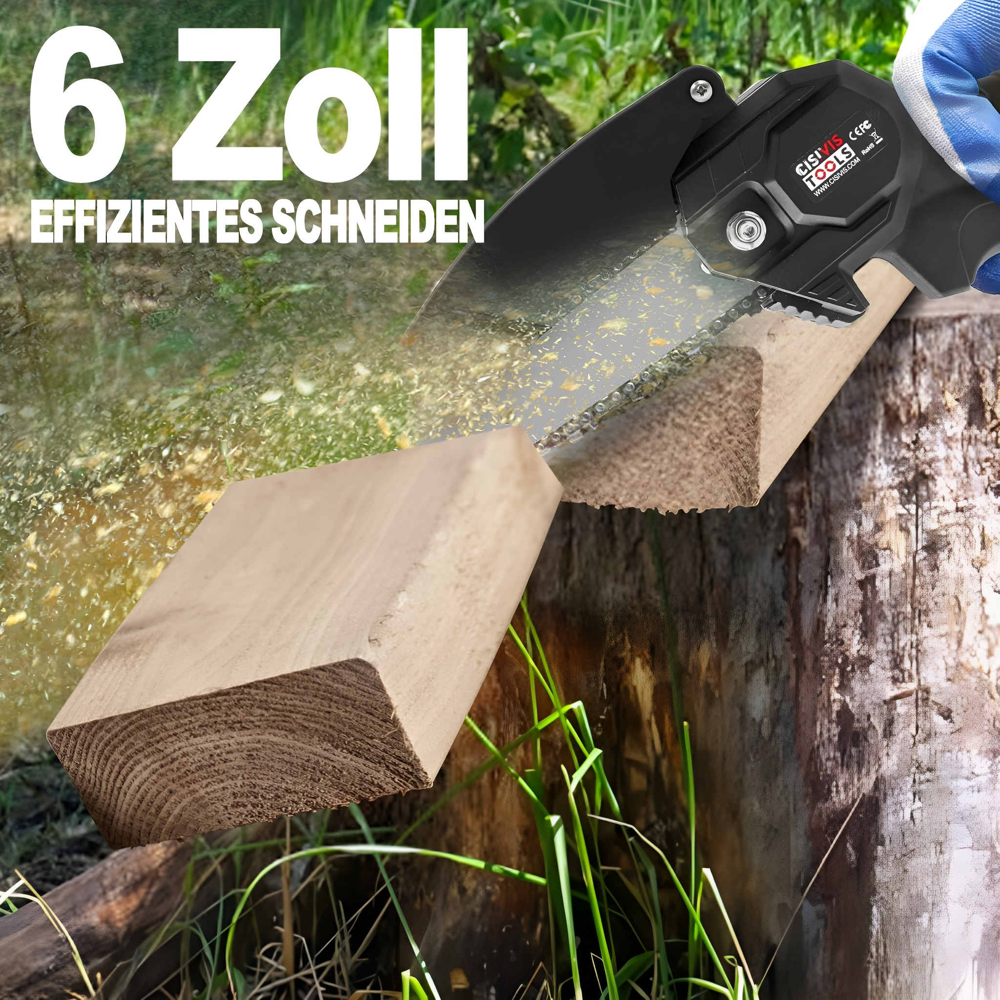 Eine kleine, kabellose Kettensäge schneidet Holz. Der Text oben lautet 6 Zoll.