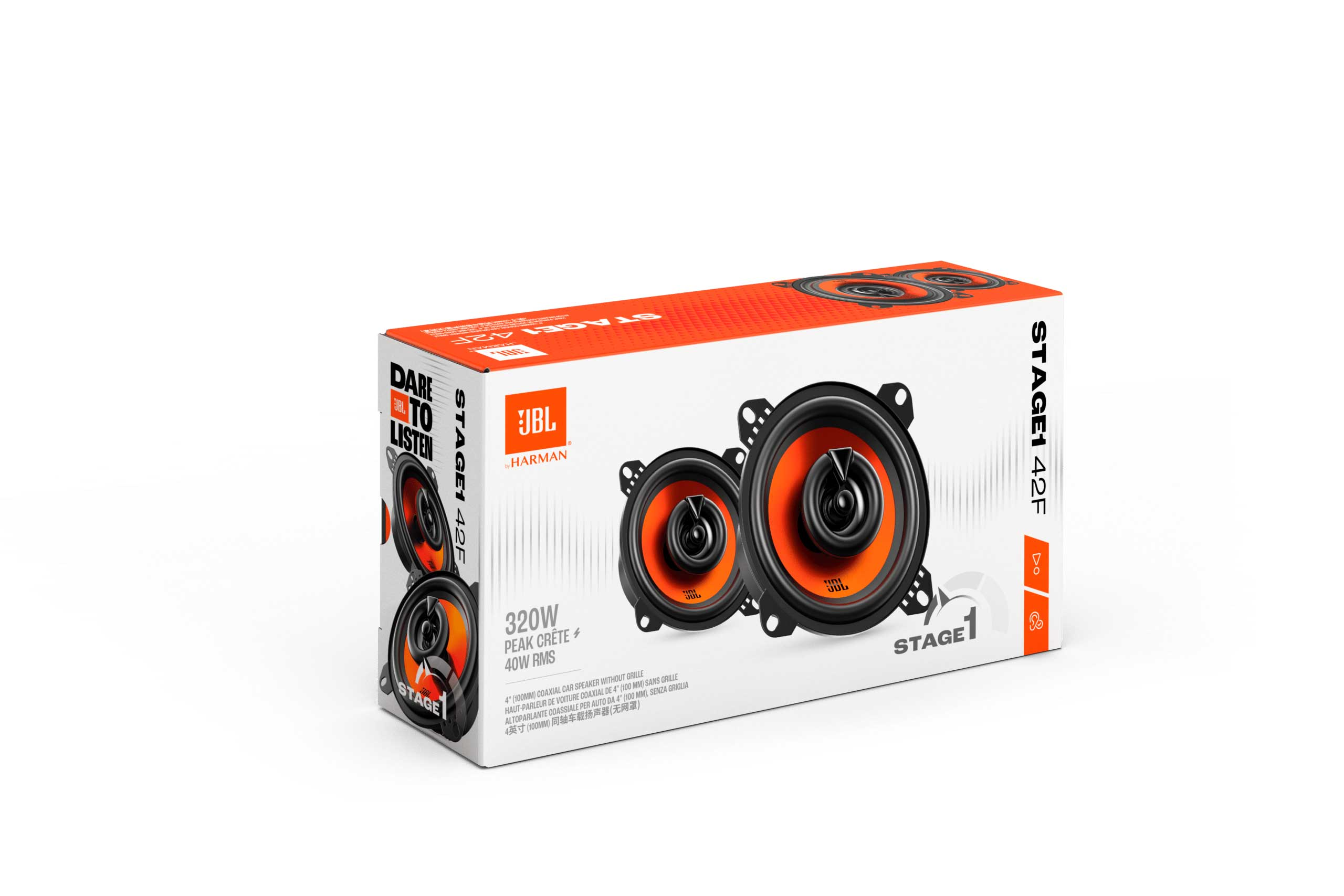Une boîte pour haut-parleurs de voiture, contenant deux haut-parleurs orange. La boîte a du texte : JBL, Stage1 42F.