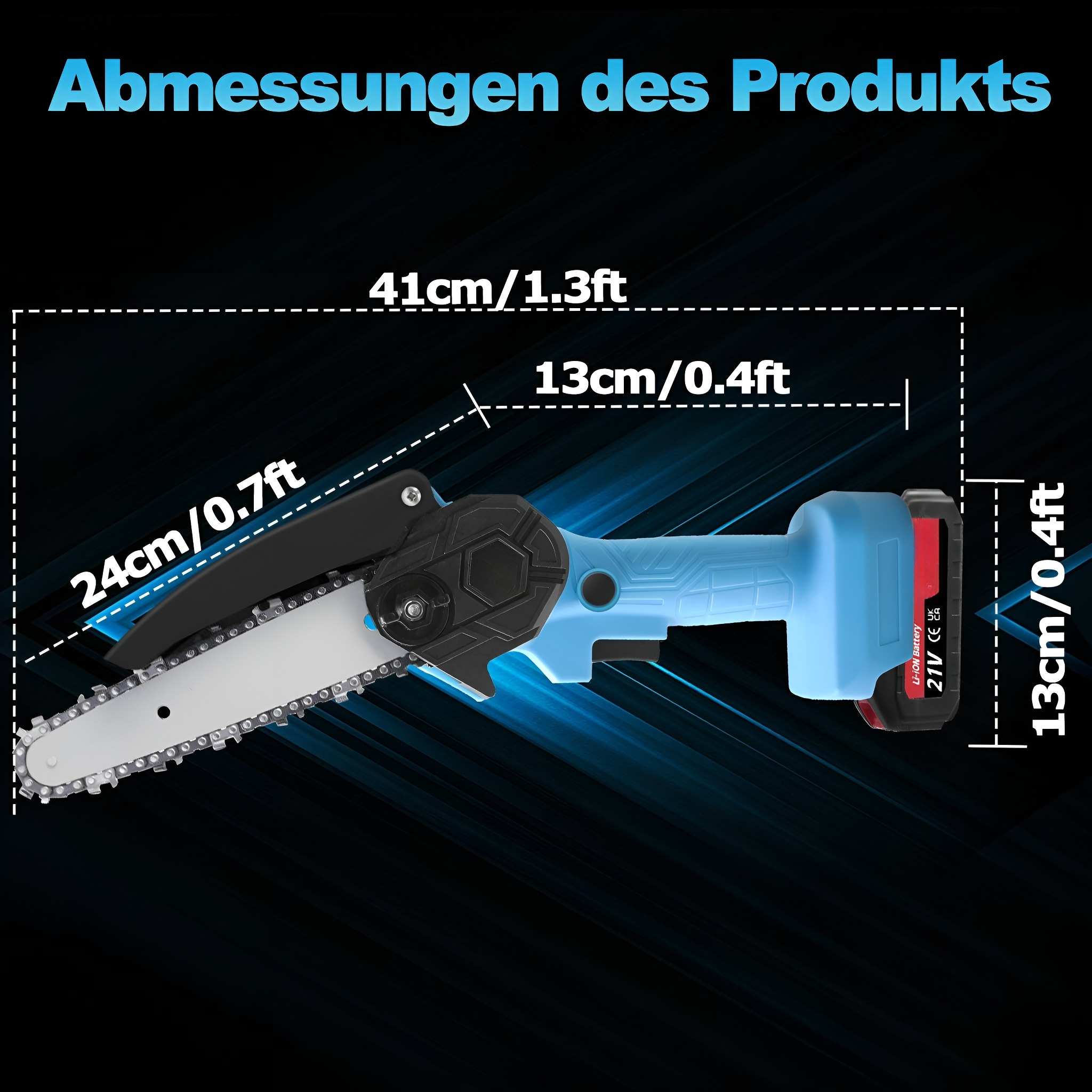 Eine blaue Akku-Kettensäge mit Maßen und Text, auf dunklem Farbverlauf.