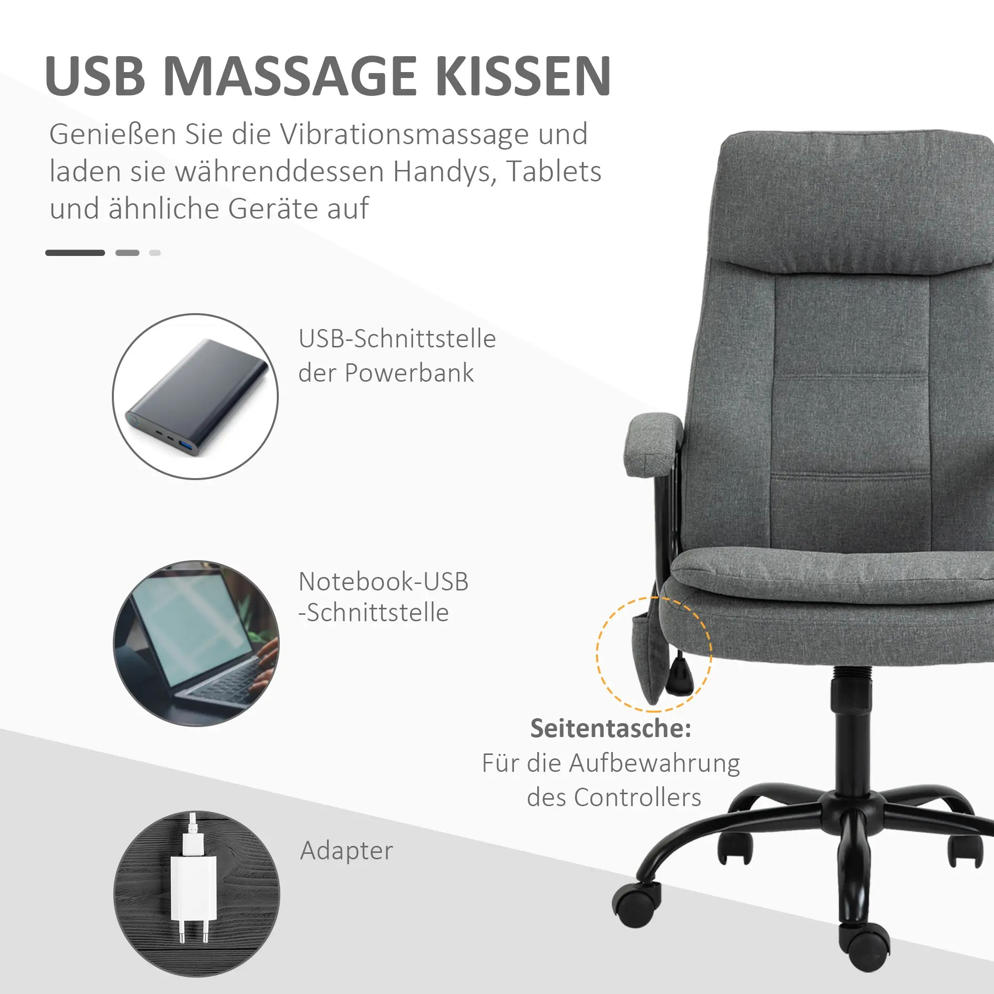 Diagramm eines grauen Bürostuhls mit USB-Anschlüssen und einem Adapter.
