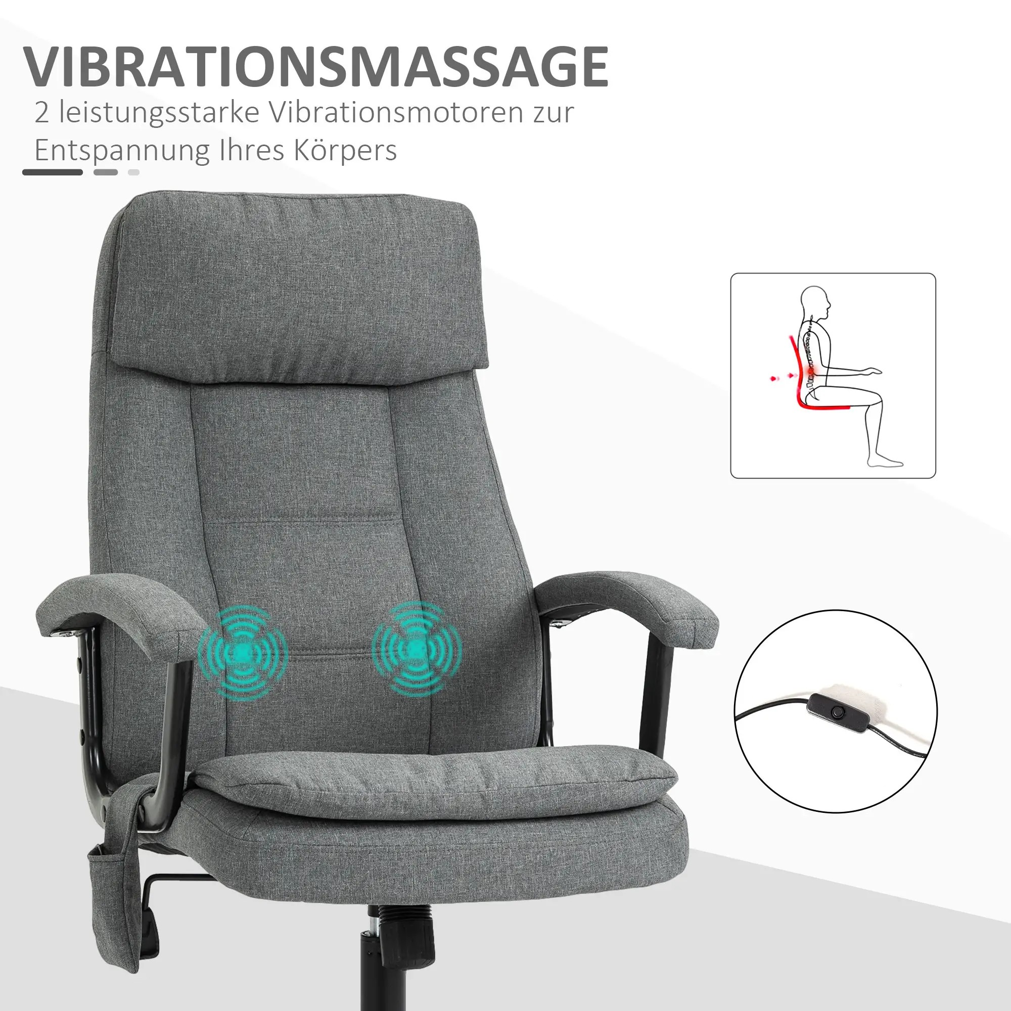Grauer Massagestuhl mit Text und Diagramm, das Massagepunkte zeigt. Eine Steuerung ist abgebildet.