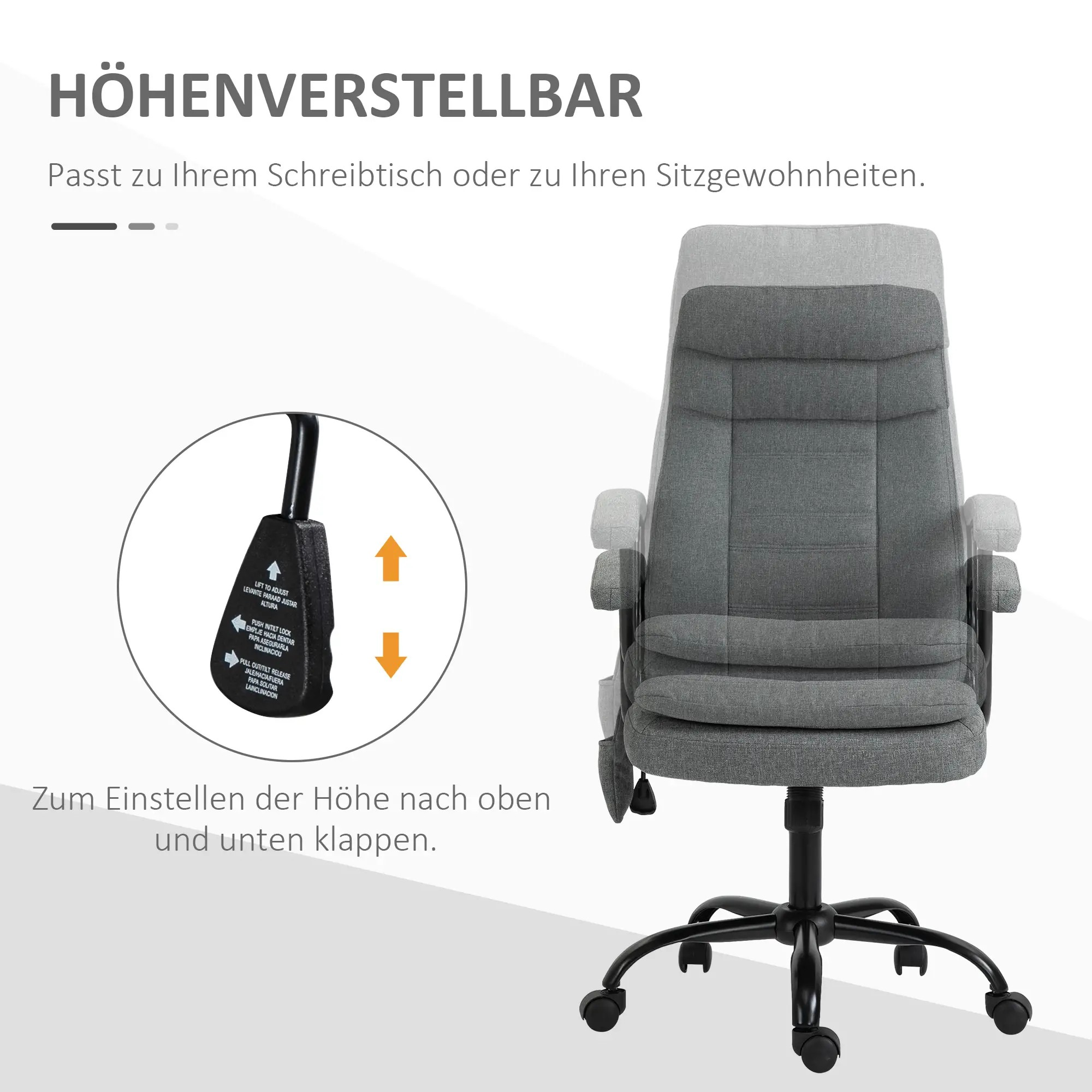 Grauer Bürostuhl mit höhenverstellbarer Funktion, schwarzem Fuß und Rollen.