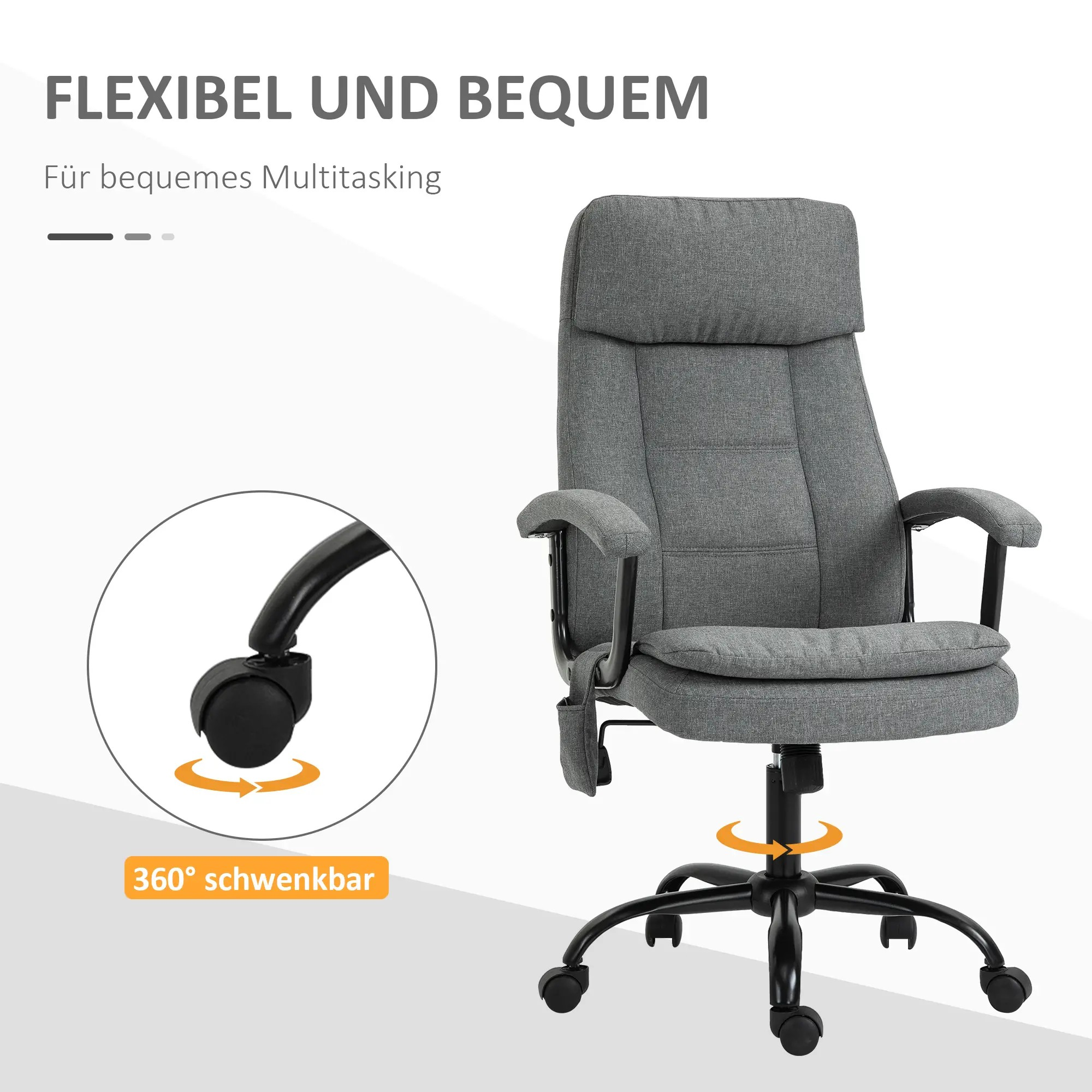 Ein grauer Bürostuhl mit Kopfstütze und Armlehnen. Der Stuhl hat ein schwarzes Gestell und wird mit Rotationslinien gezeigt.