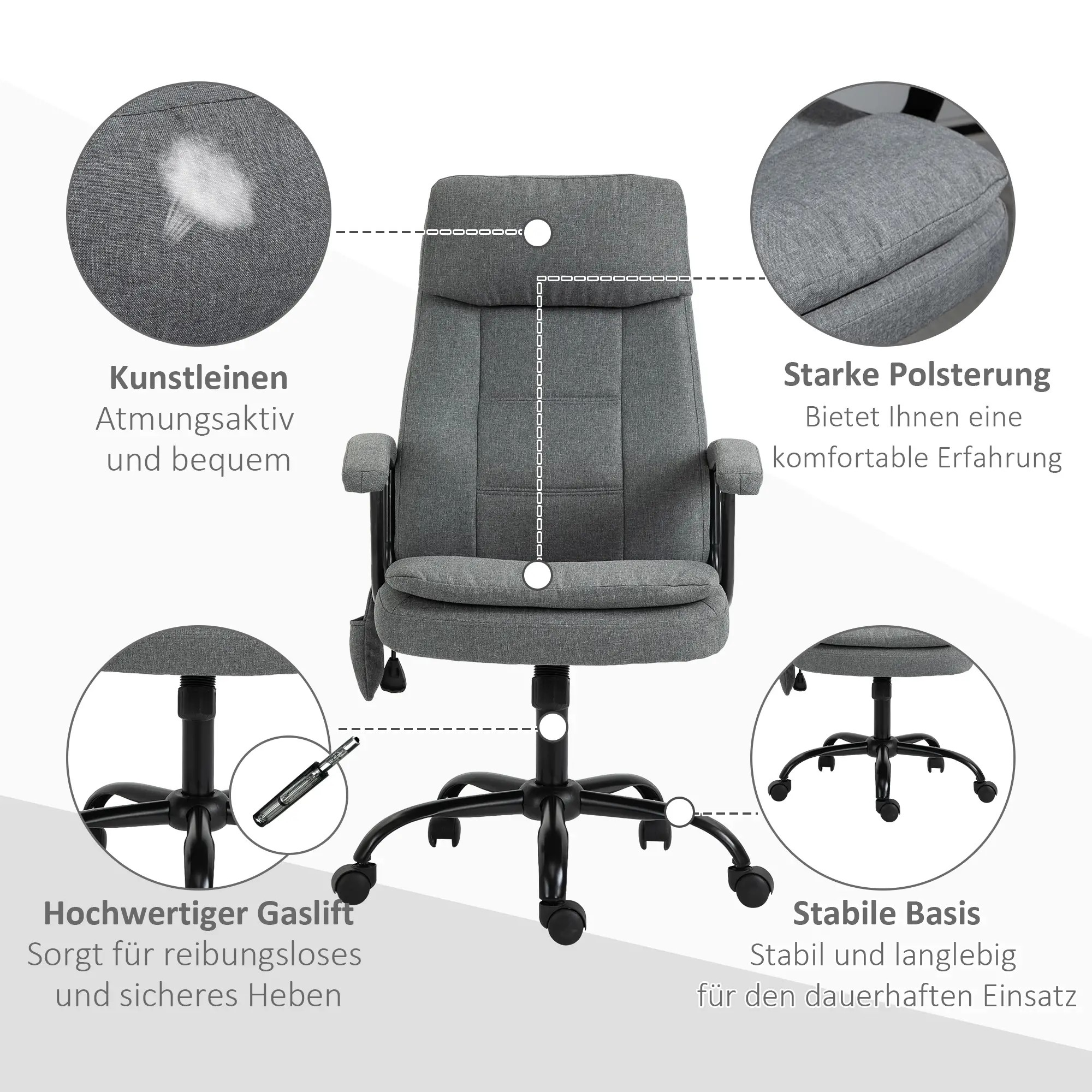 Grauer Bürostuhl mit Annotationen, die Funktionen und Vorteile zeigen.