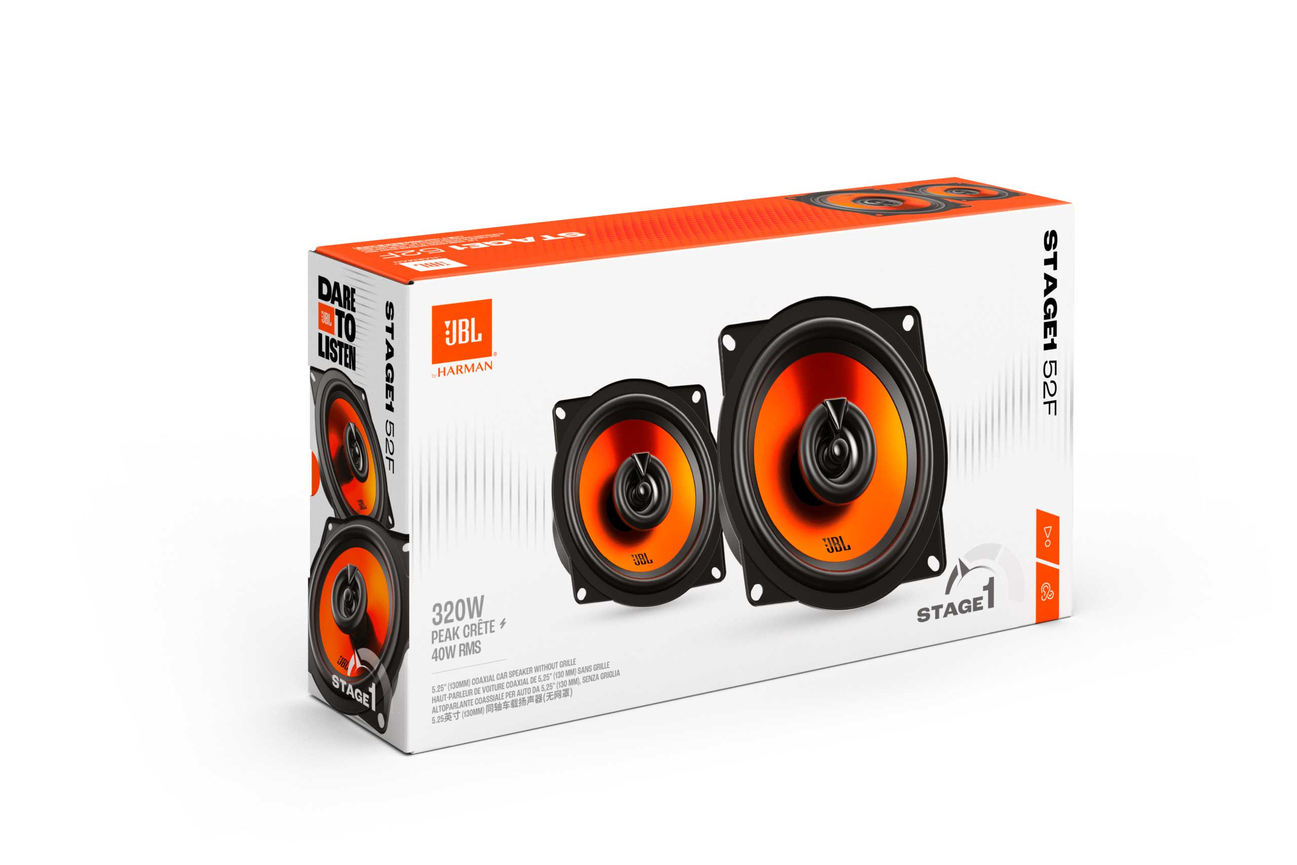 Haut-parleurs de voiture dans une boîte avec le logo JBL. Schéma de couleurs orange et noir. Fond blanc.