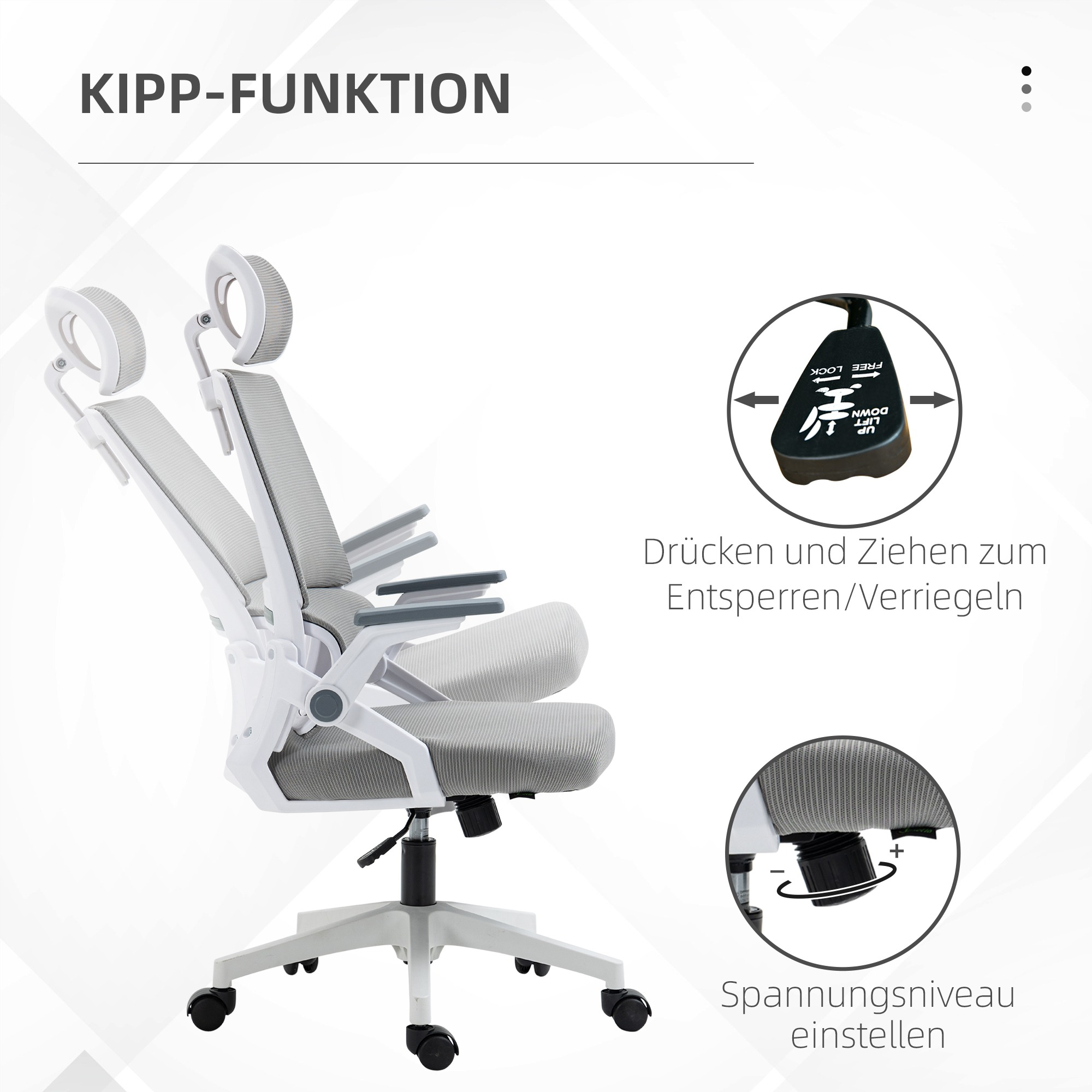Ergonomischer Bürostuhl mit weißem Rahmen, grauem Sitz und verstellbaren Funktionen.