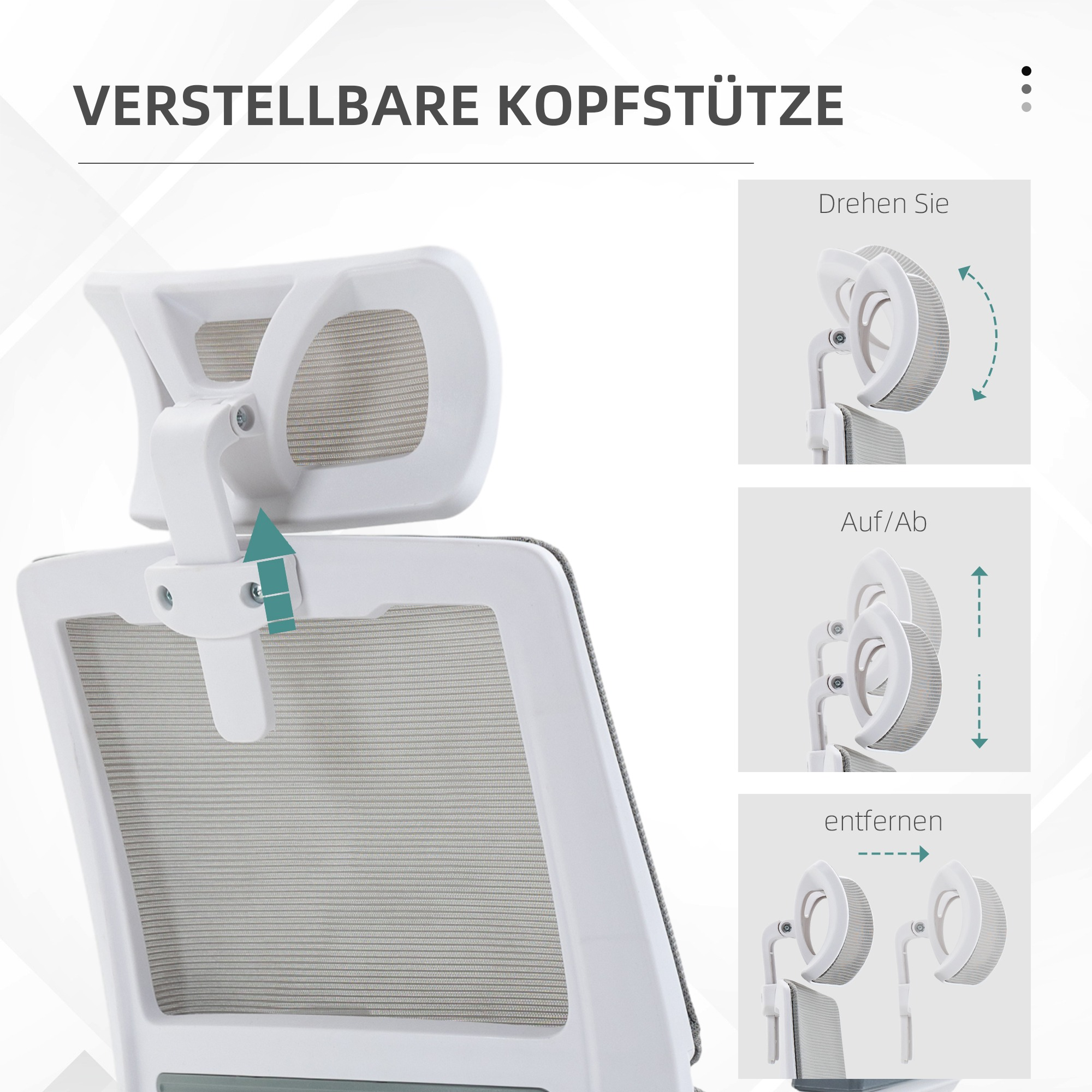 Weisse Bürostuhl-Kopfstütze mit Anweisungen zur Einstellung. Graues Netz, weisses Plastik. Auf weissem Hintergrund.