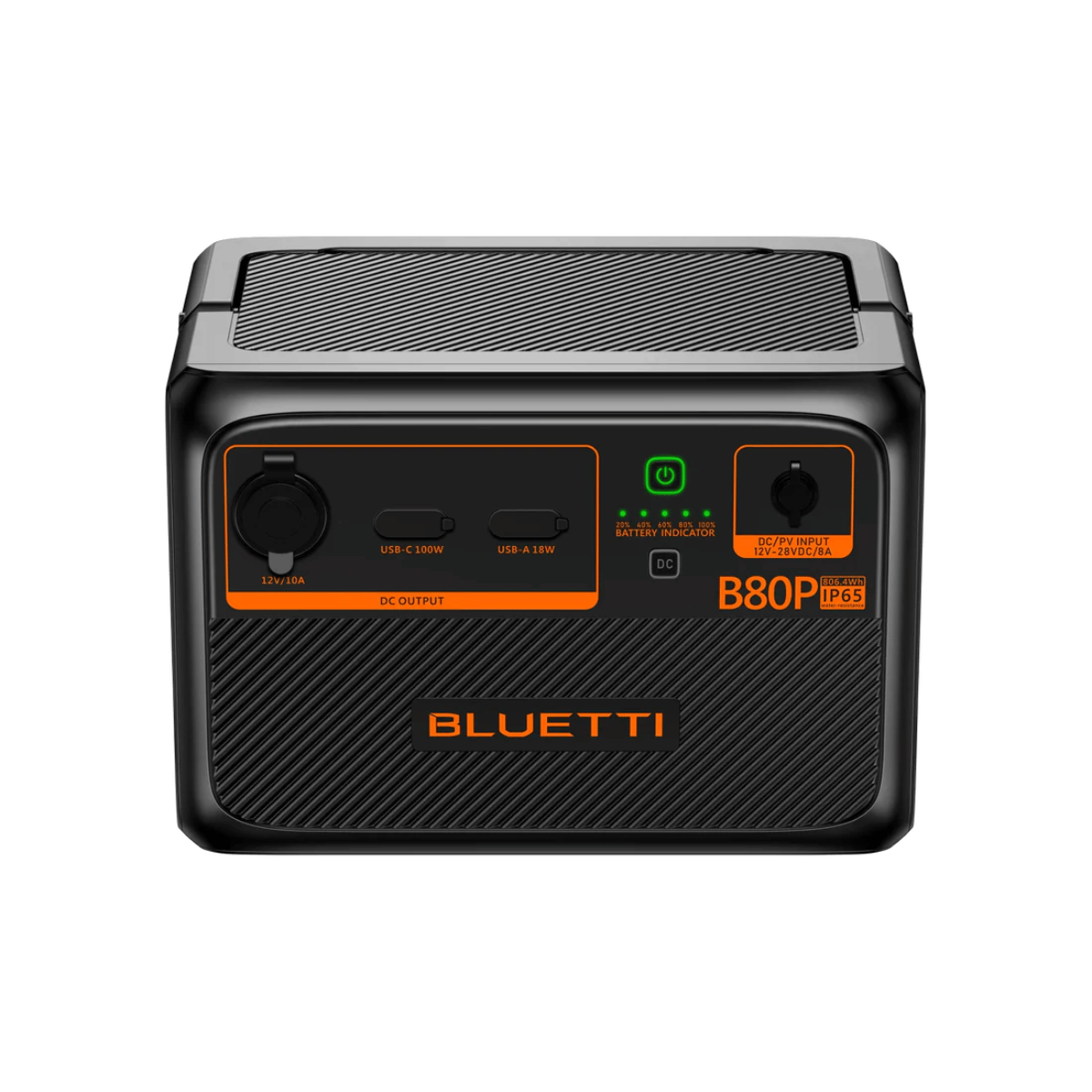 Centrale elettrica nera e arancione con più porte e logo Bluetti.