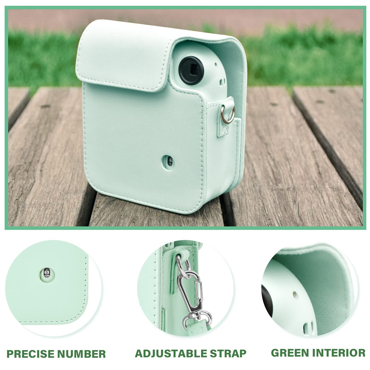 Minzgrüne Kameratasche mit Kamera. Details zeigen die präzise Nummer, den verstellbaren Riemen und das grüne Innere.