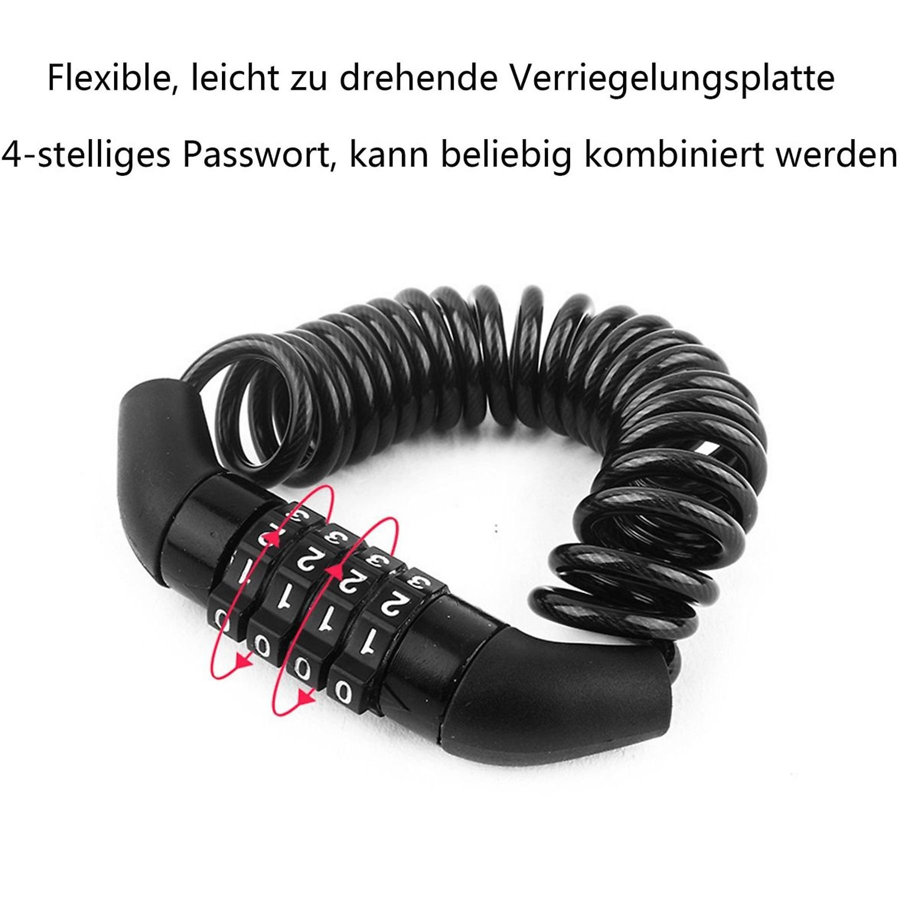 Schwarzes Zahlenschloss mit Spiralkabel. Das Schloss zeigt die Zahlenfolge.