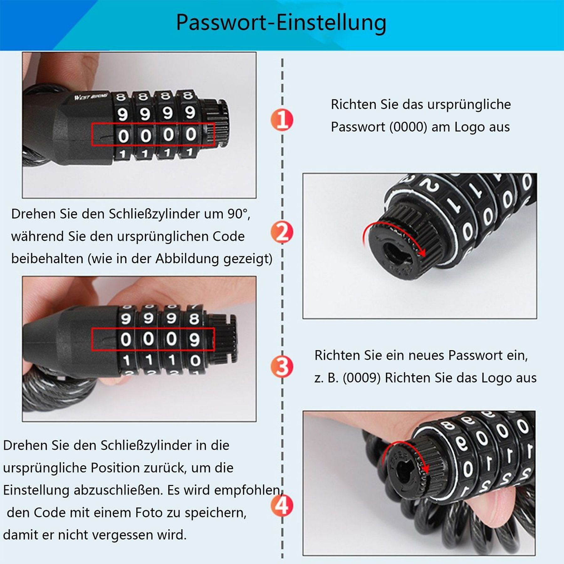 Anweisungen zum Einstellen eines Zahlenschlosses: Schritte mit Diagrammen. Zifferblatt, Zahlen und eine Hand.
