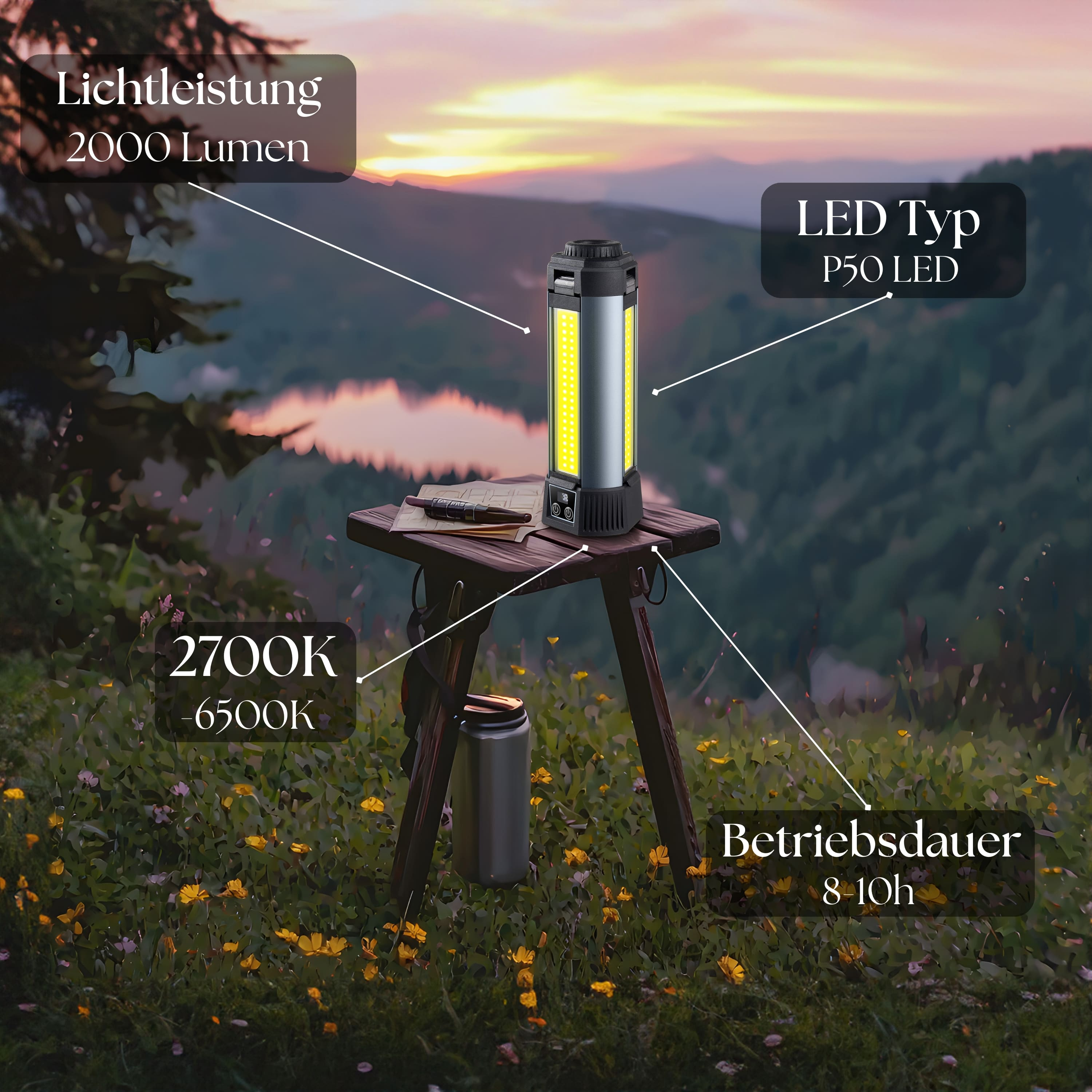 Eine Laterne auf einem Holztisch im Freien. Text beschriftet Licht, Lumen und Dauer.